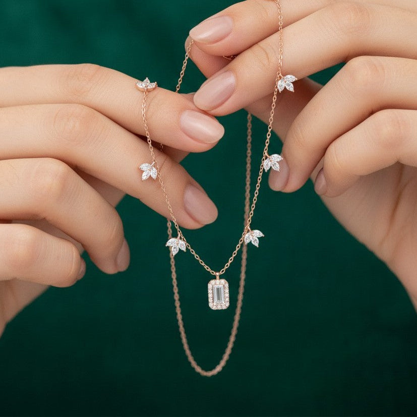 Emerald Cut Moissanite Leaf Charm Necklace, 925 Sterling Silver Nature Jewelry