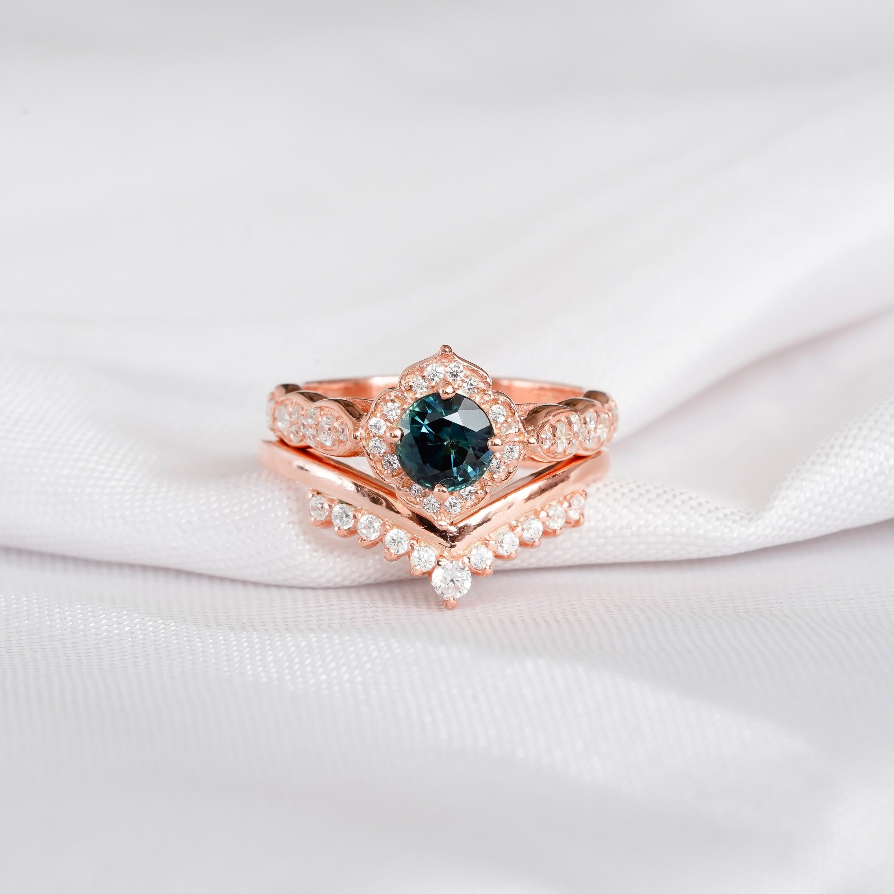 Alexandrite Engagement Ring Set Halo Matching Moissanite Chevron Wedding Band For Women Round Art Deco Milgrain Flower Bridal Proposal Ring