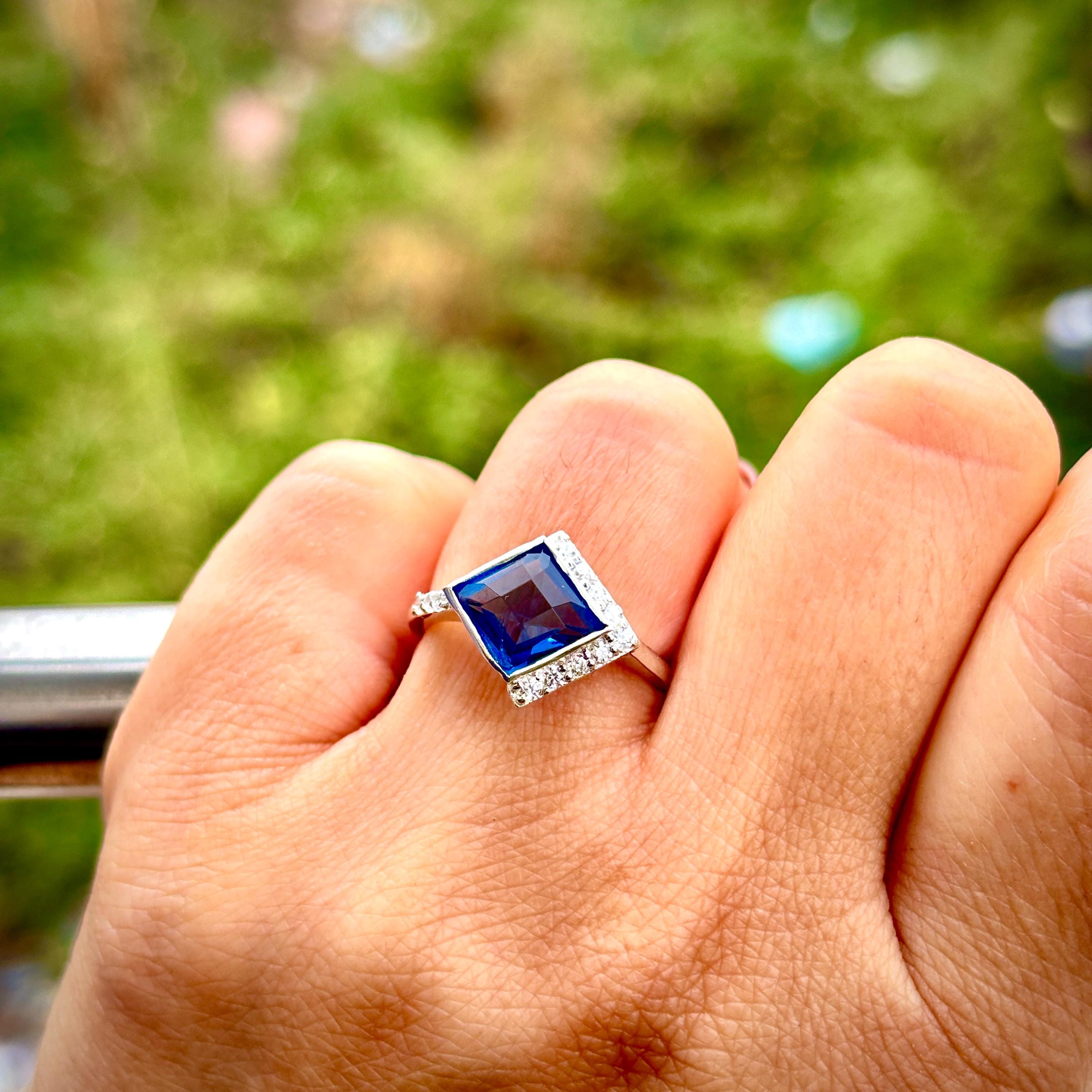 Blue Sapphire Engagement Ring 925 Sterling Silver Elongated Princess Cut East West Bezel Set Wedding Ring Bridal Anniversary Gift For Her