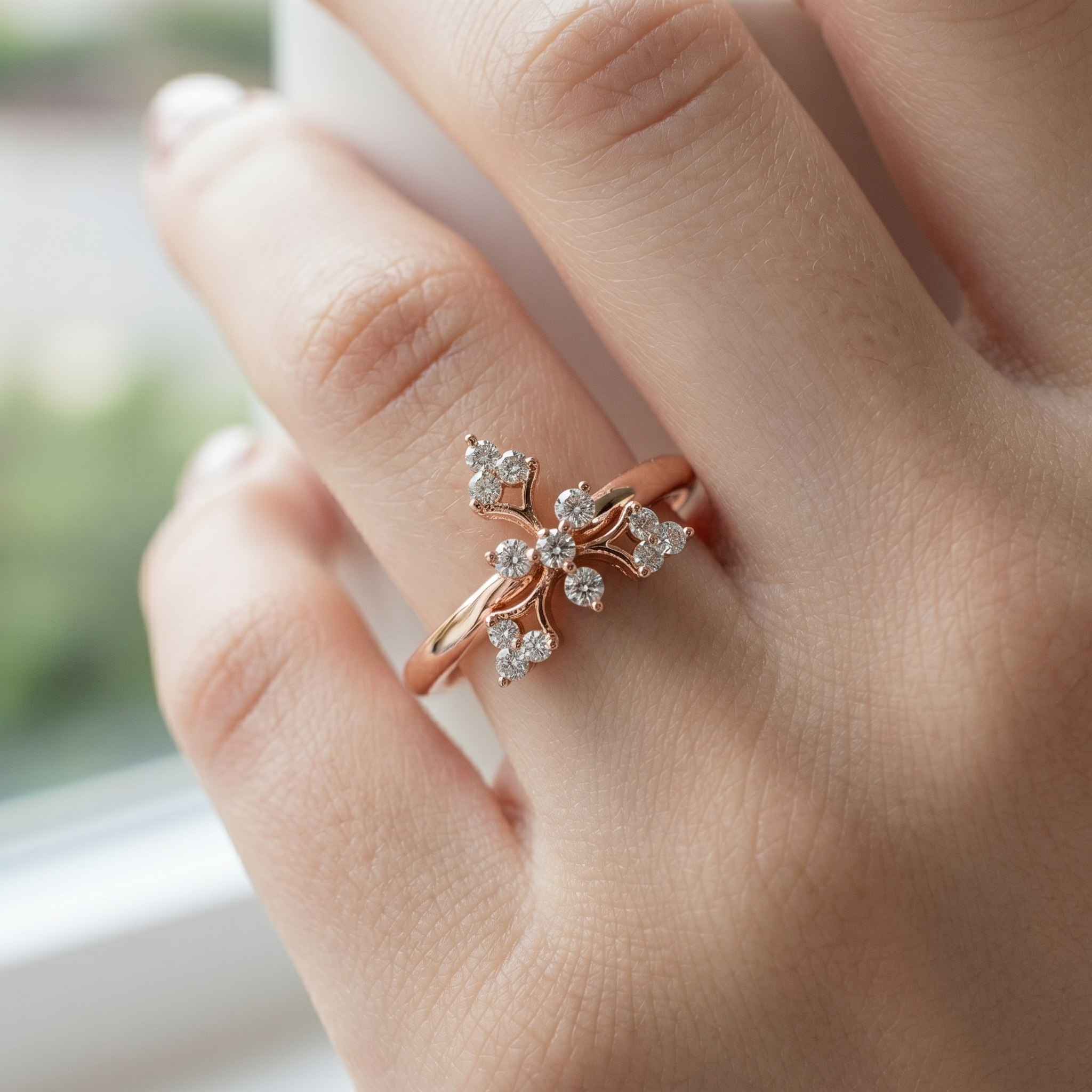 Dainty Snowflake Crown Moissanite Ring, 14K Solid Gold, Vintage Floral Nature Stacking Band