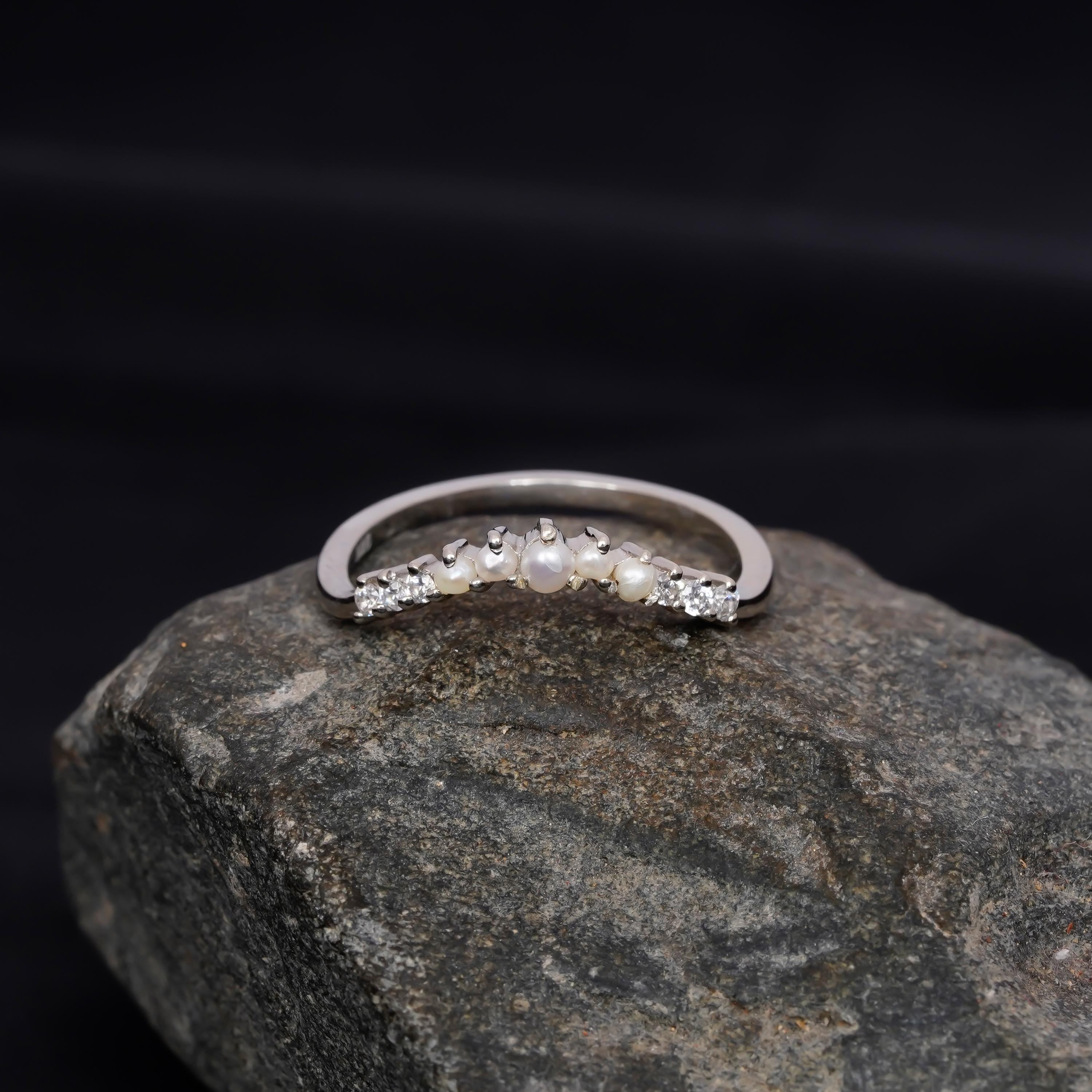 Curved Pearl Wedding Band For Women 925 Sterling Silver With Moissanites Stackable Round White Bridal Matching Anniversary Gift Dainty Band