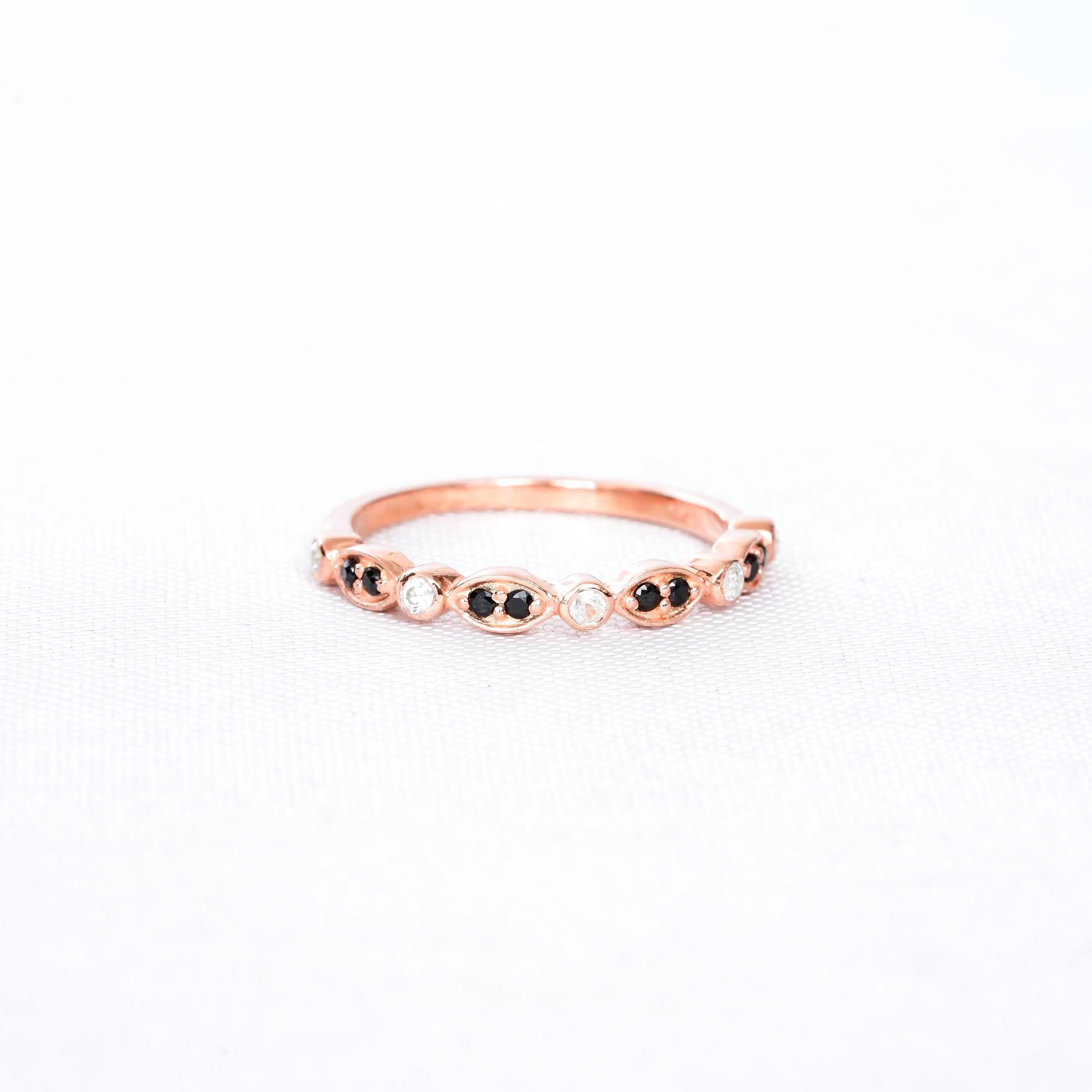 Black Onyx Wedding Band For Women 925 Sterling Silver With Moissanites Stackable Milgrain Half Eternity Matching Anniversary Dainty Band