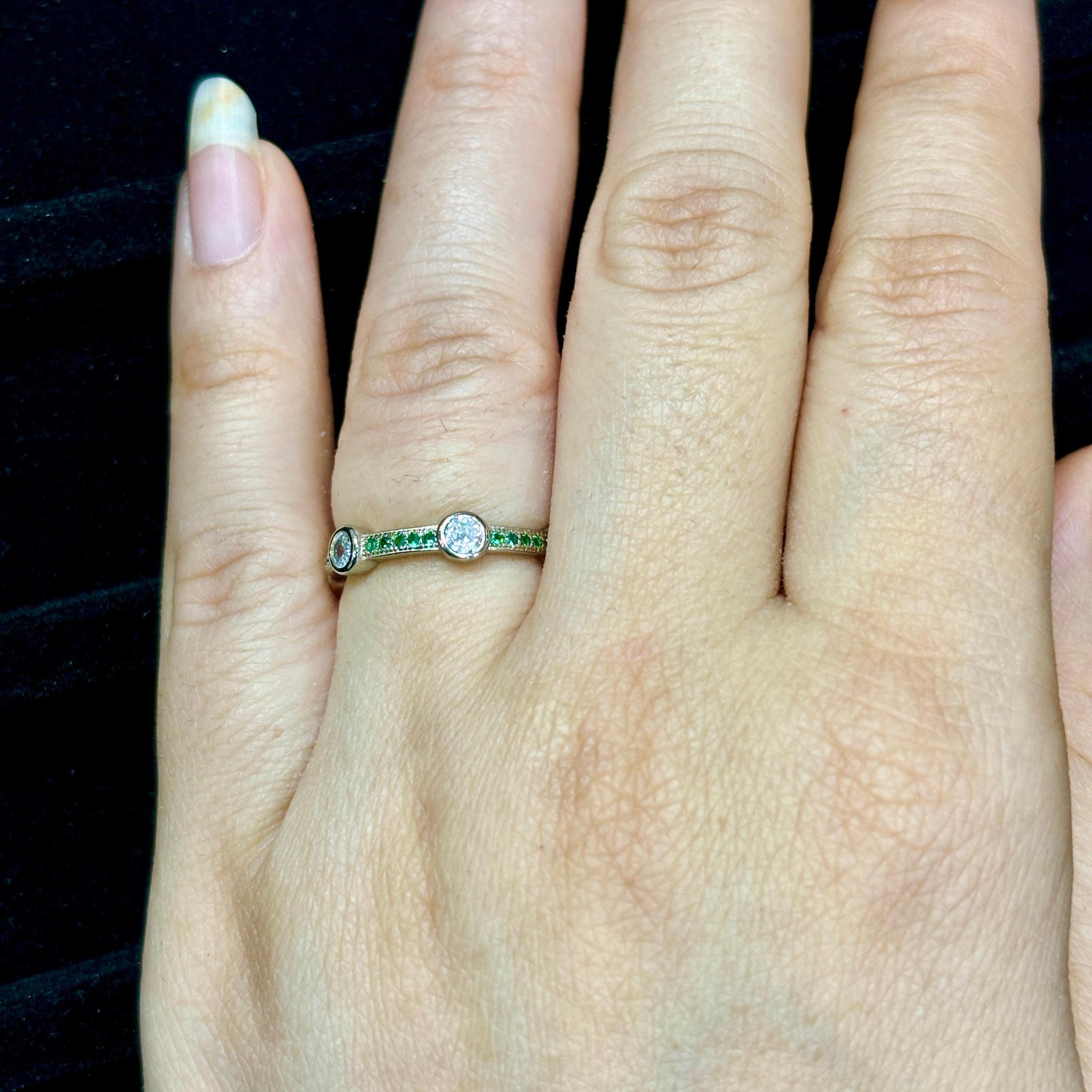 Moissanite Wedding Band With Emerald Bezel Set Art Deco Eternity Band Bubble Stacking Dainty Silver Anniversary Gift Promise Ring For Her