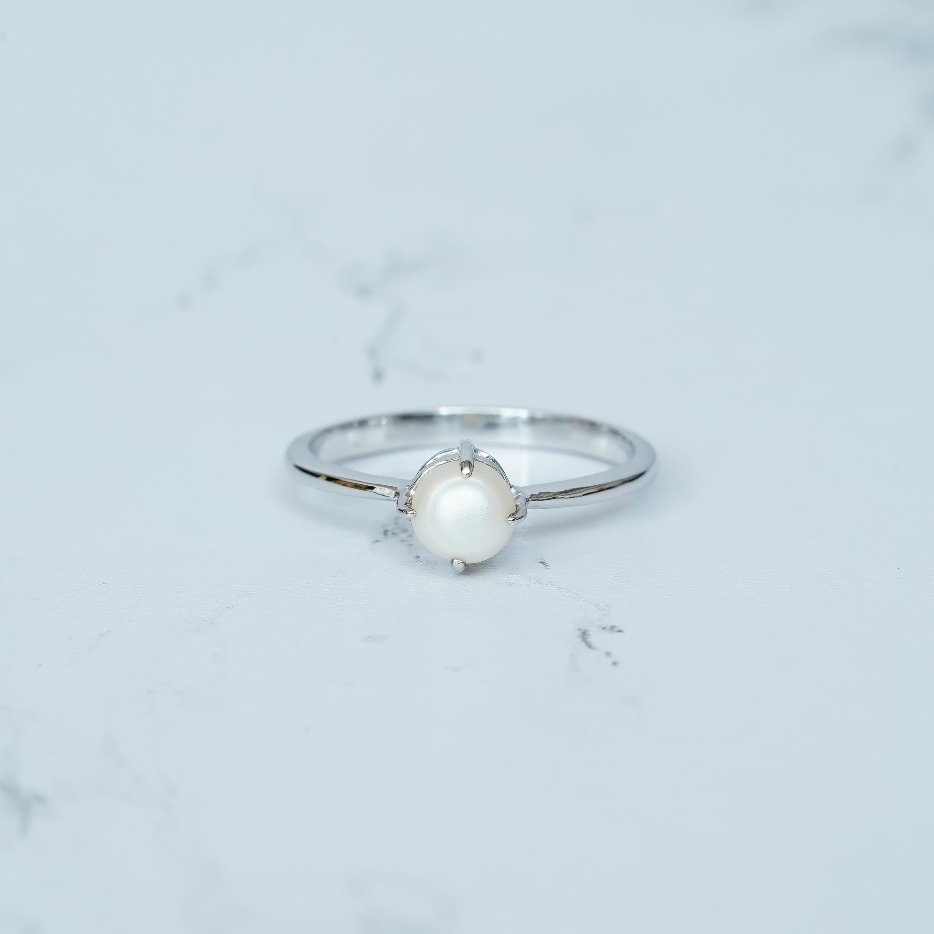 Pearl Solitaire Engagement Ring 925 Sterling Silver Round Cut Freshwater Pearl Wedding Ring For Women Proposal Simple Dainty Minimalist Ring