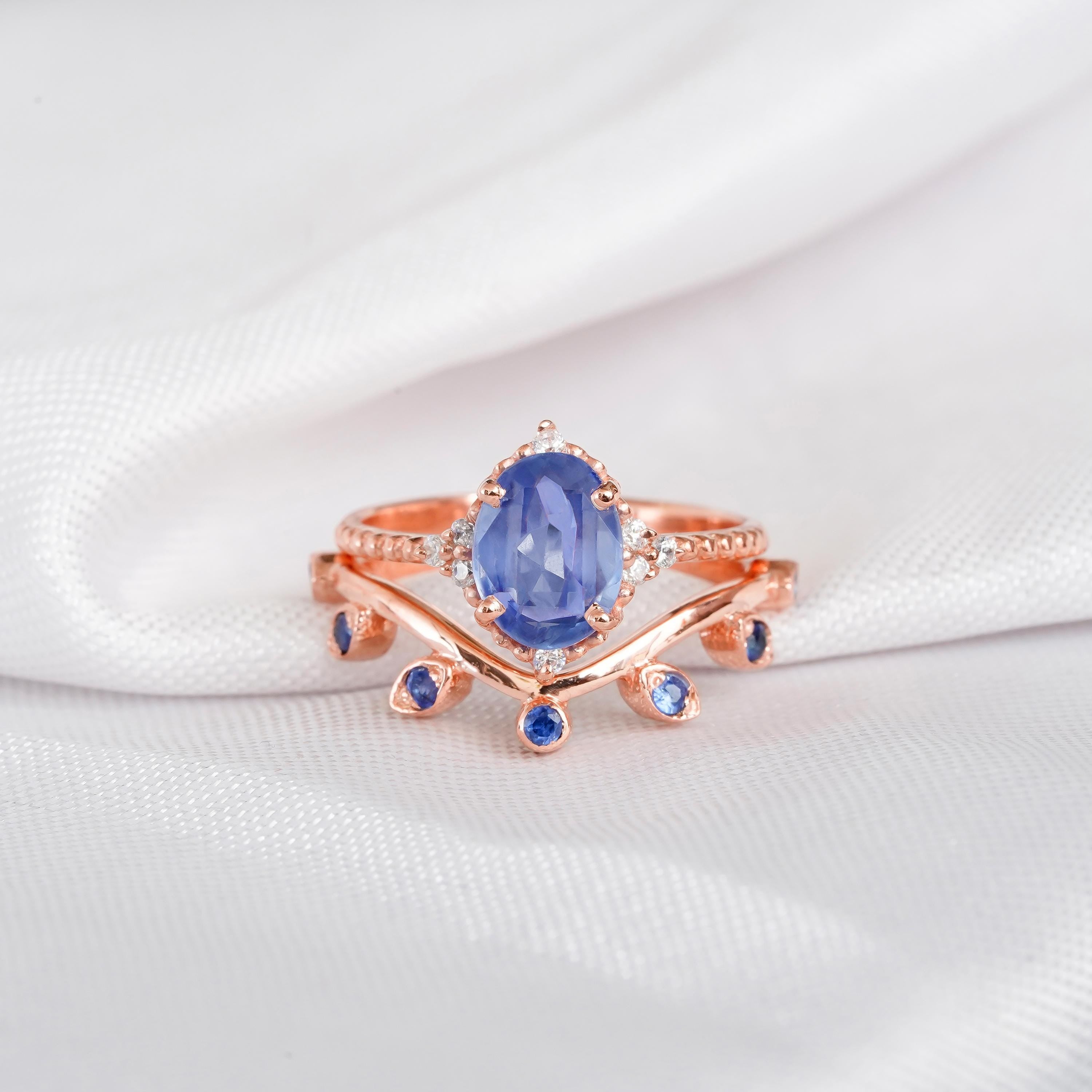 2ct Blue Sapphire Engagement Ring Set For Women Matching Blue Sapphire Wedding Band Art Deco Beaded Band Floral Halo Bridal Proposal Ring