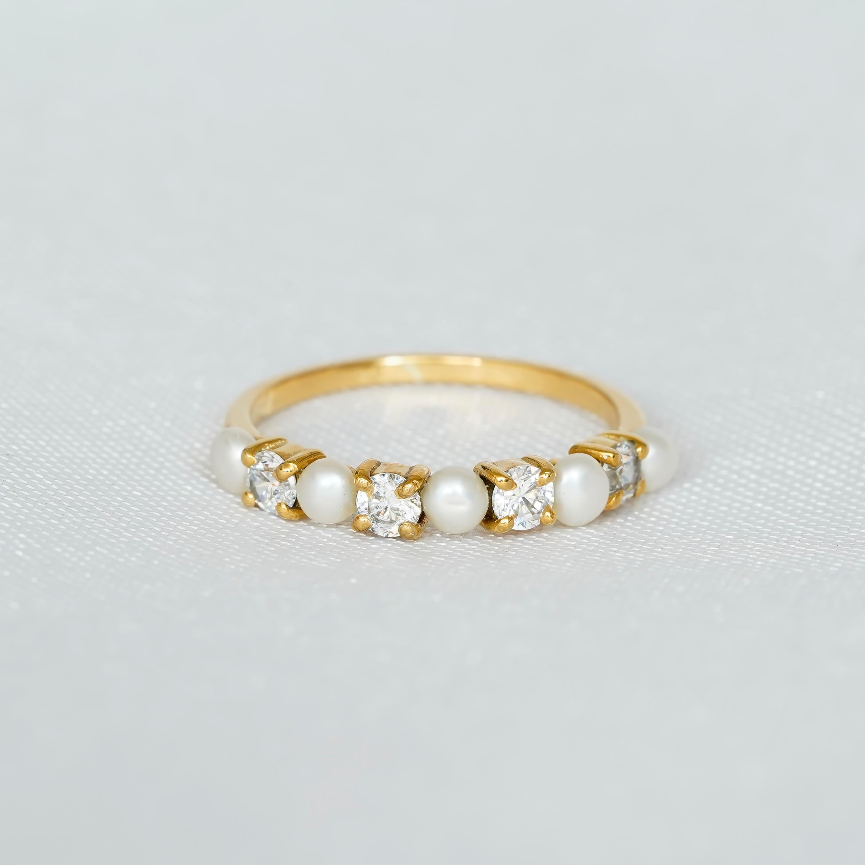 Pearl Wedding Band For Women 925 Sterling Silver Moissanites Stackable Round Cut Half Eternity Bridal Matching Anniversary Gift Dainty Band