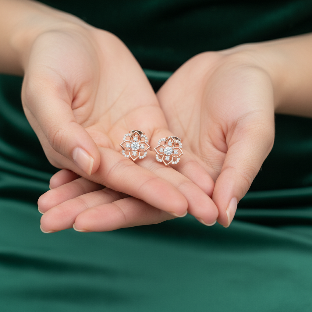 Lotus Flower Moissanite Stud Earrings, 925 Sterling Silver Floral Art Deco studs