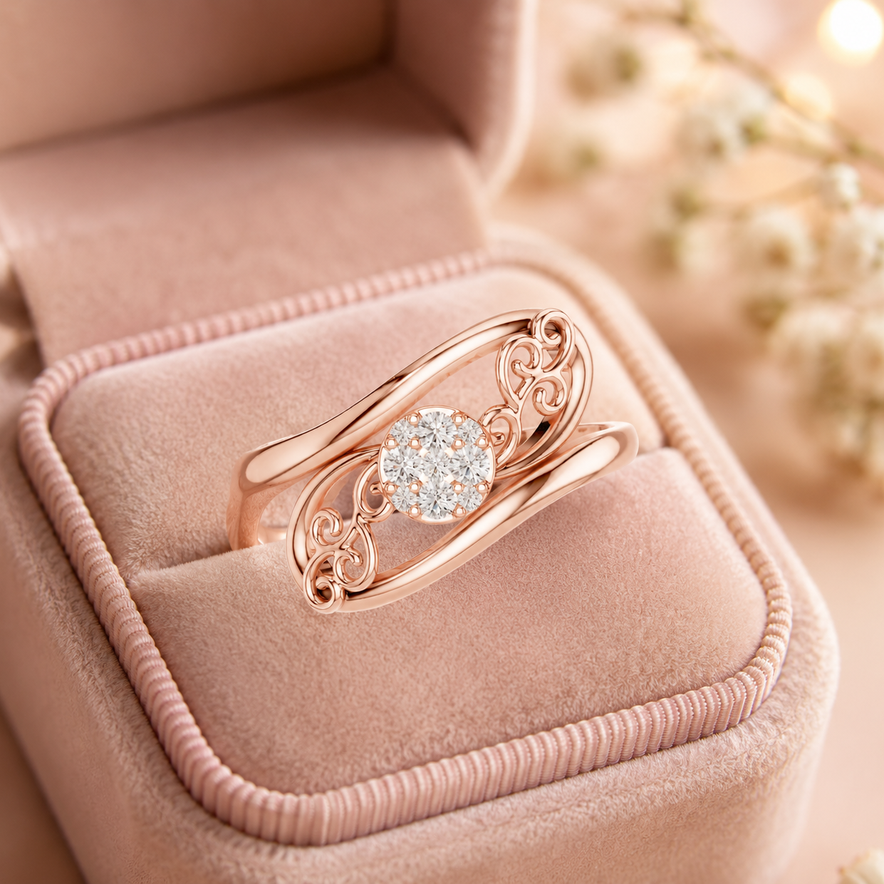 Art Deco Moissanite Ring, 14K Solid Gold Filigree Swirl Cluster, Nature Inspired Jewelry