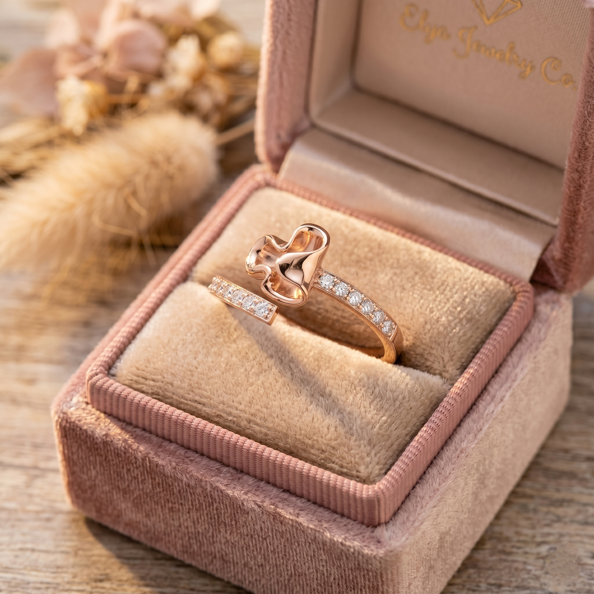 14K Solid Gold Moissanite Bypass Ring, Fluid Flower Organic Leaf Design