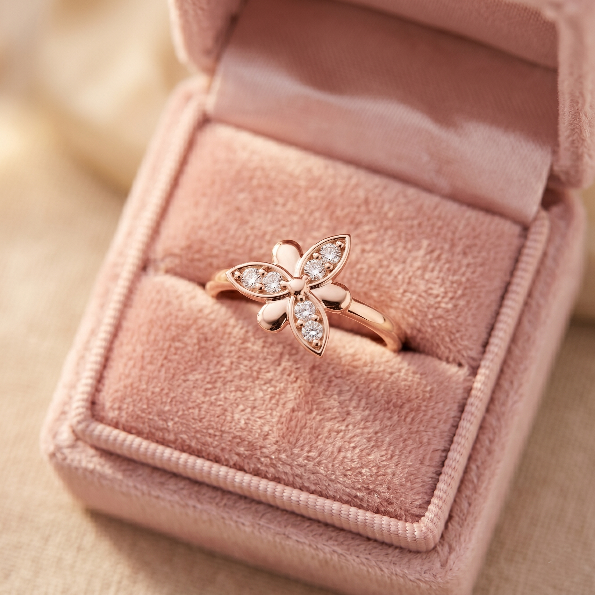 Delicate Butterfly Moissanite Ring, 14k Solid Gold Floral Cluster, Nature Inspired Flower Promise Ring