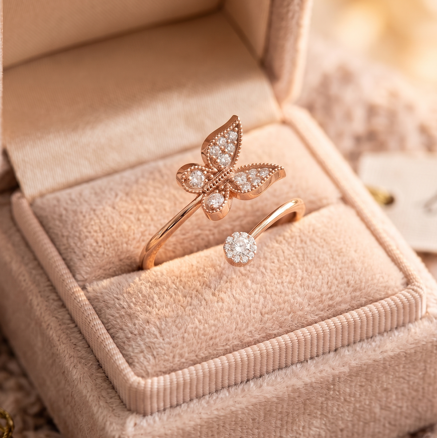 14K Solid Gold Butterfly Ring, Moissanite Open Wrap, Nature Inspired Milgrain Detail