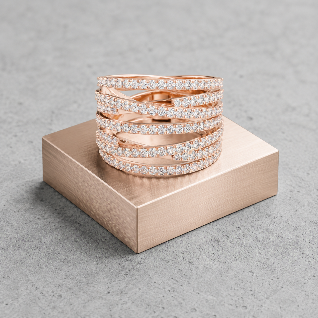 Moissanite Crossover Ring, Sterling Silver Rose Gold Multi Band Statement Ring