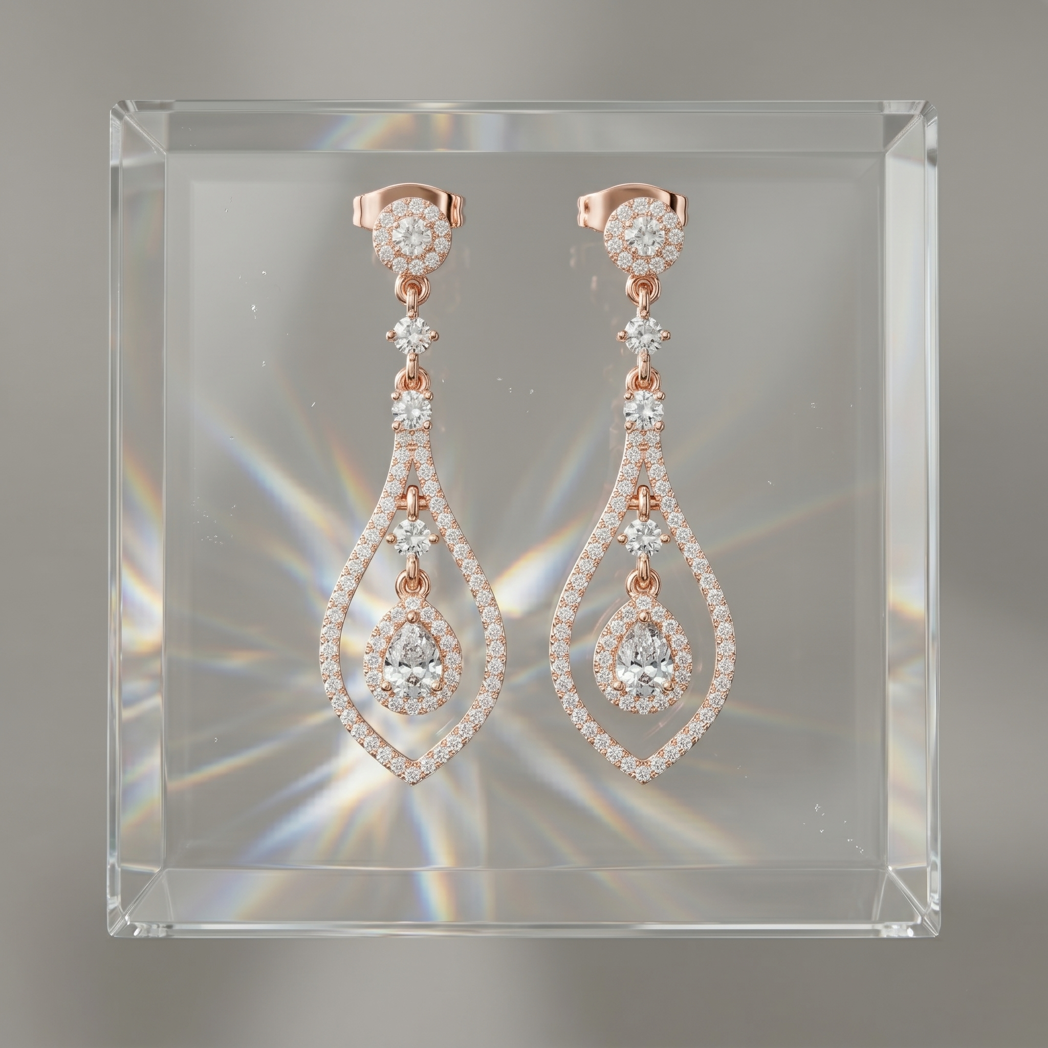 Moissanite Tear Drop Dangle Earrings, 925 Sterling Silver Rose Gold Halo Chandelier