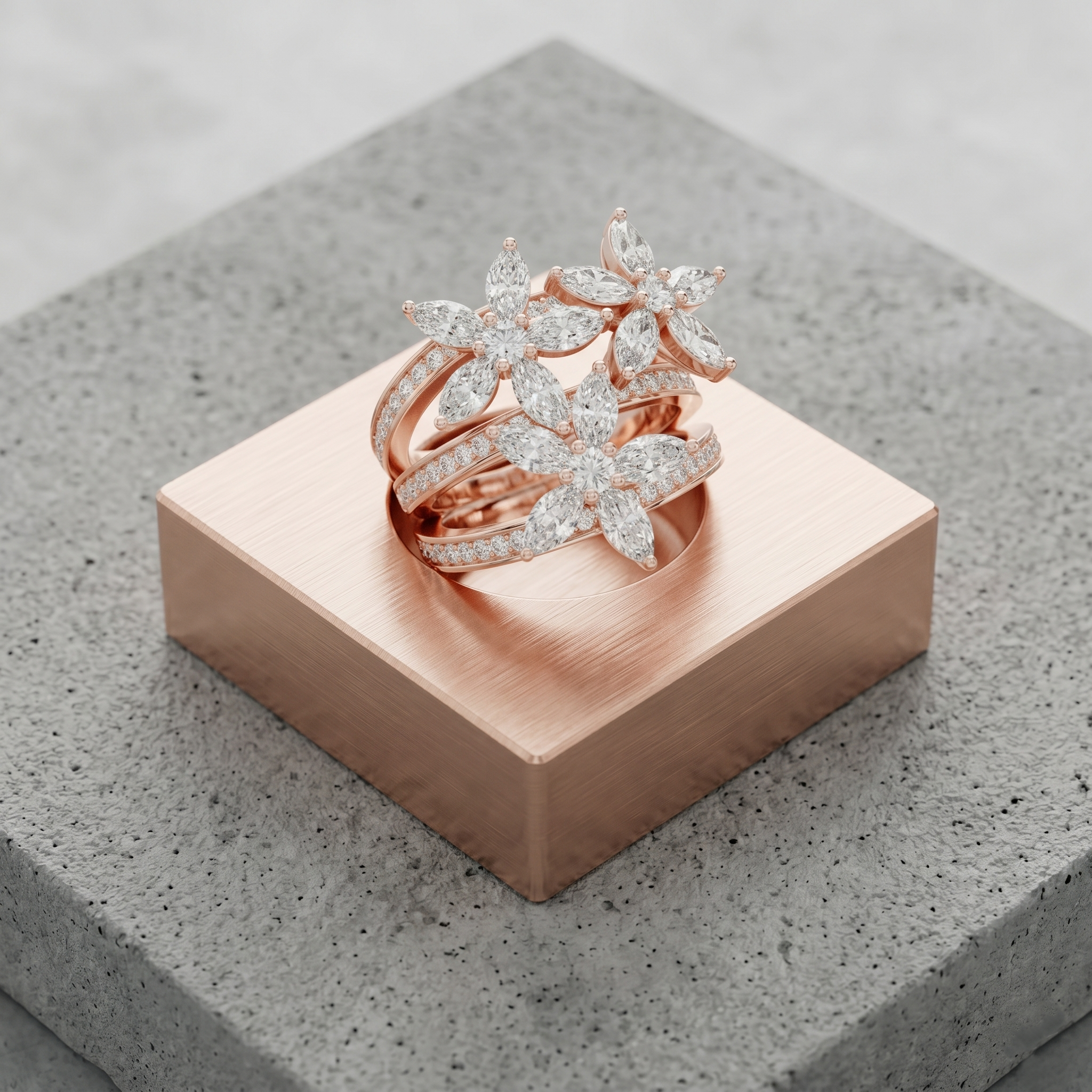 Marquise Moissanite Floral Cluster Ring, Sterling Silver Vermeil Statement Band, Multi Layer Flower Ring