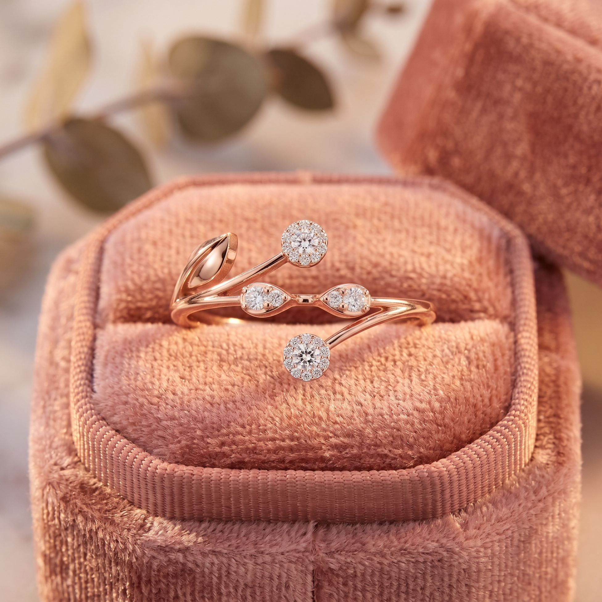 14k Solid Gold Swirl Leaf Moissanite Ring, Nature Inspired Cluster Wrap Curved Ring