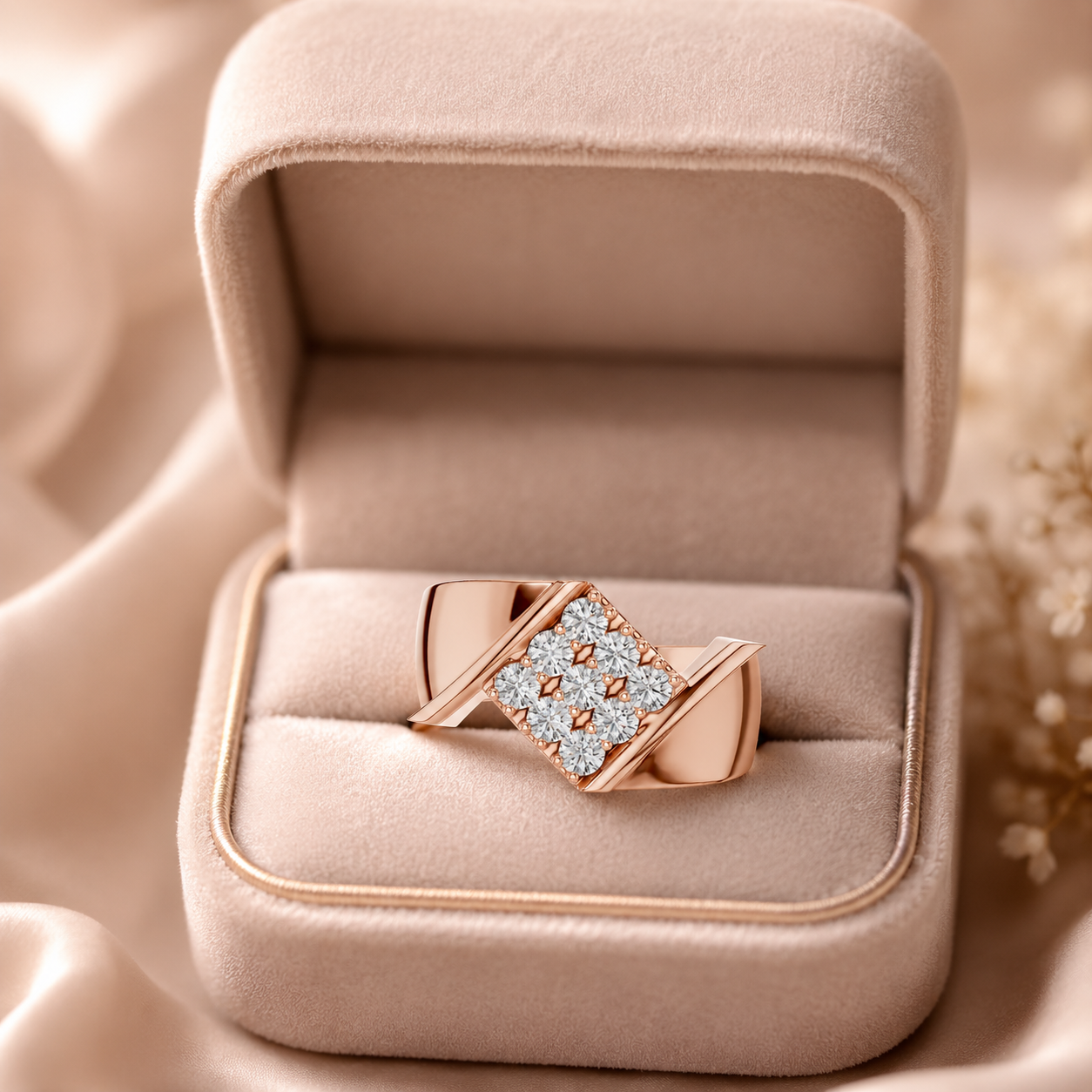 Men's Square Moissanite Ring, Rose Gold Plated Sterling Silver, Round Cut Cluster Ring