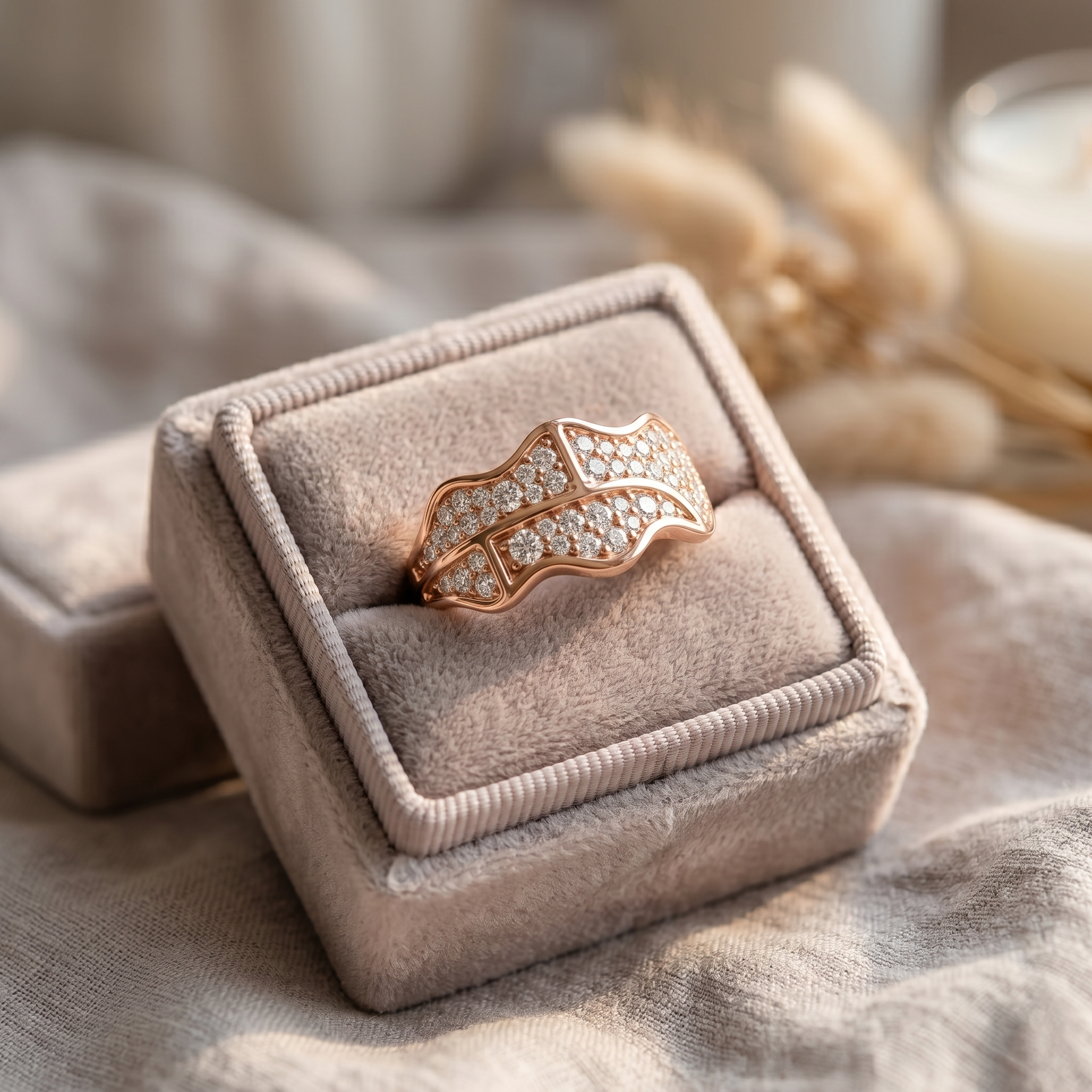 Wavy Sterling Silver Men's Statement Ring, Moissanite Cluster, Rose Gold Finish
