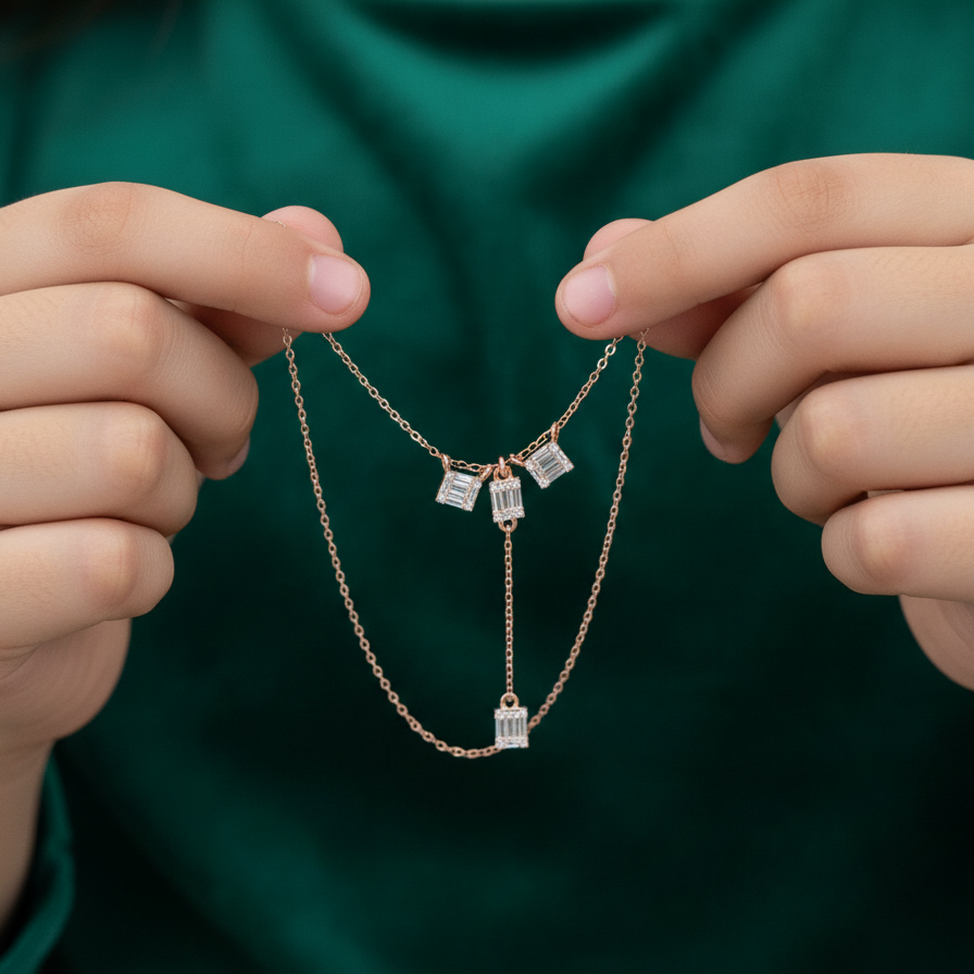Baguette Moissanite Drop Necklace, Sterling Silver Y Pendant, Geometric Bridal Dainty Jewelry