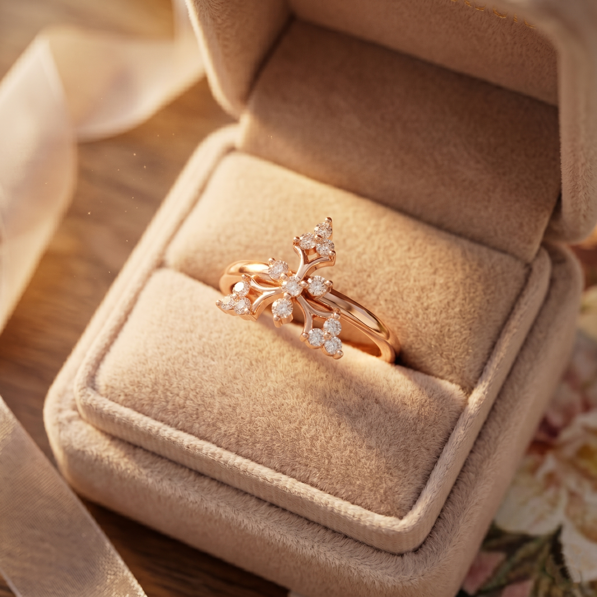 Dainty Snowflake Crown Moissanite Ring, 14K Solid Gold, Vintage Floral Nature Stacking Band