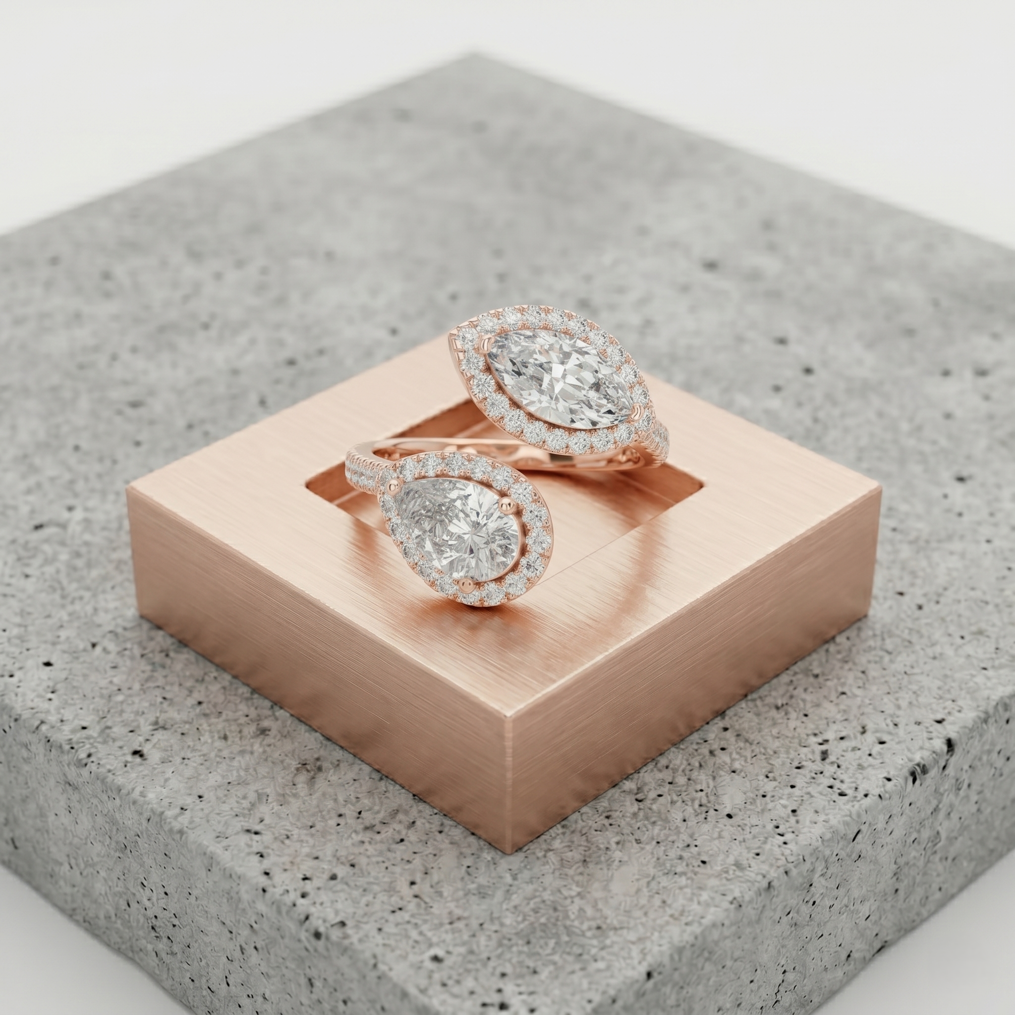 Toi et Moi Pear Marquise Moissanite Ring, Open Bypass Sterling Silver Double Halo Bridal
