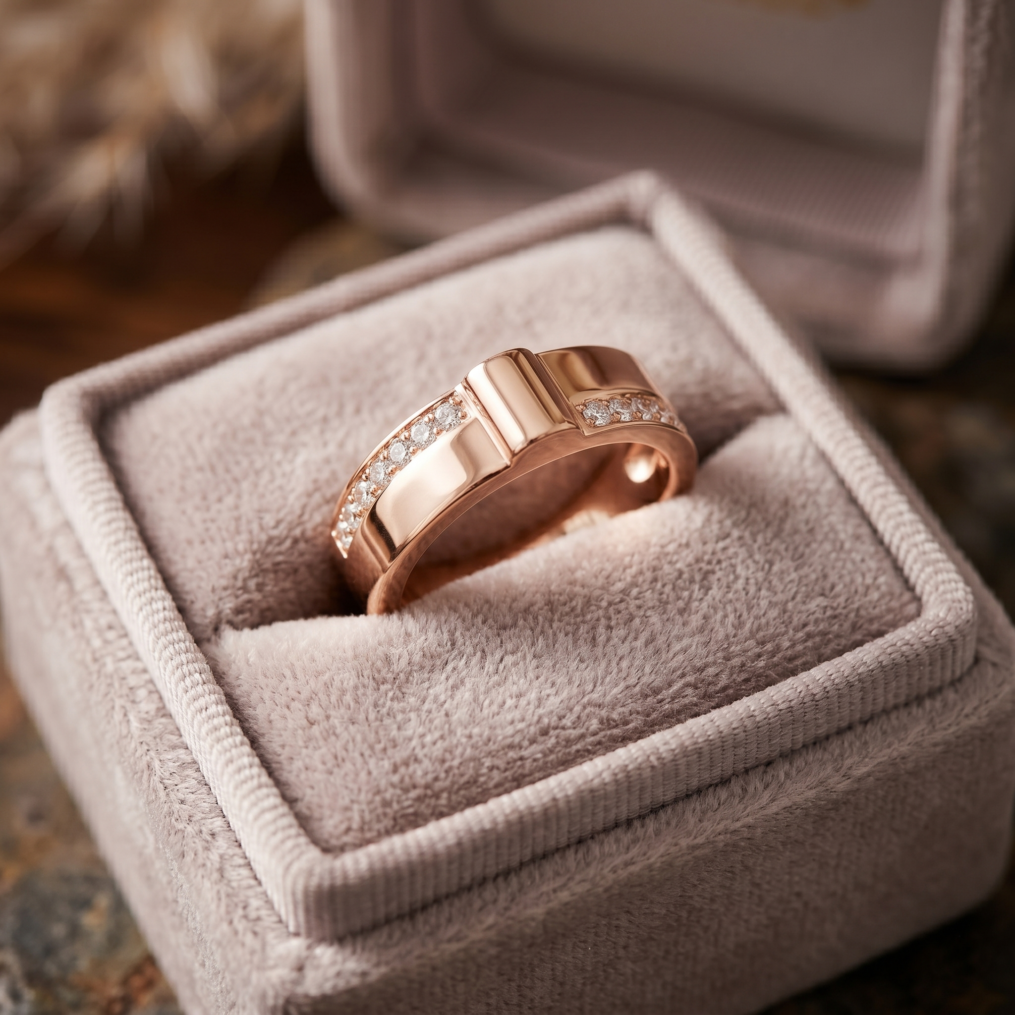 Rose Gold Moissanite Men's Ring, Sterling Silver Channel Set Wedding Band Him