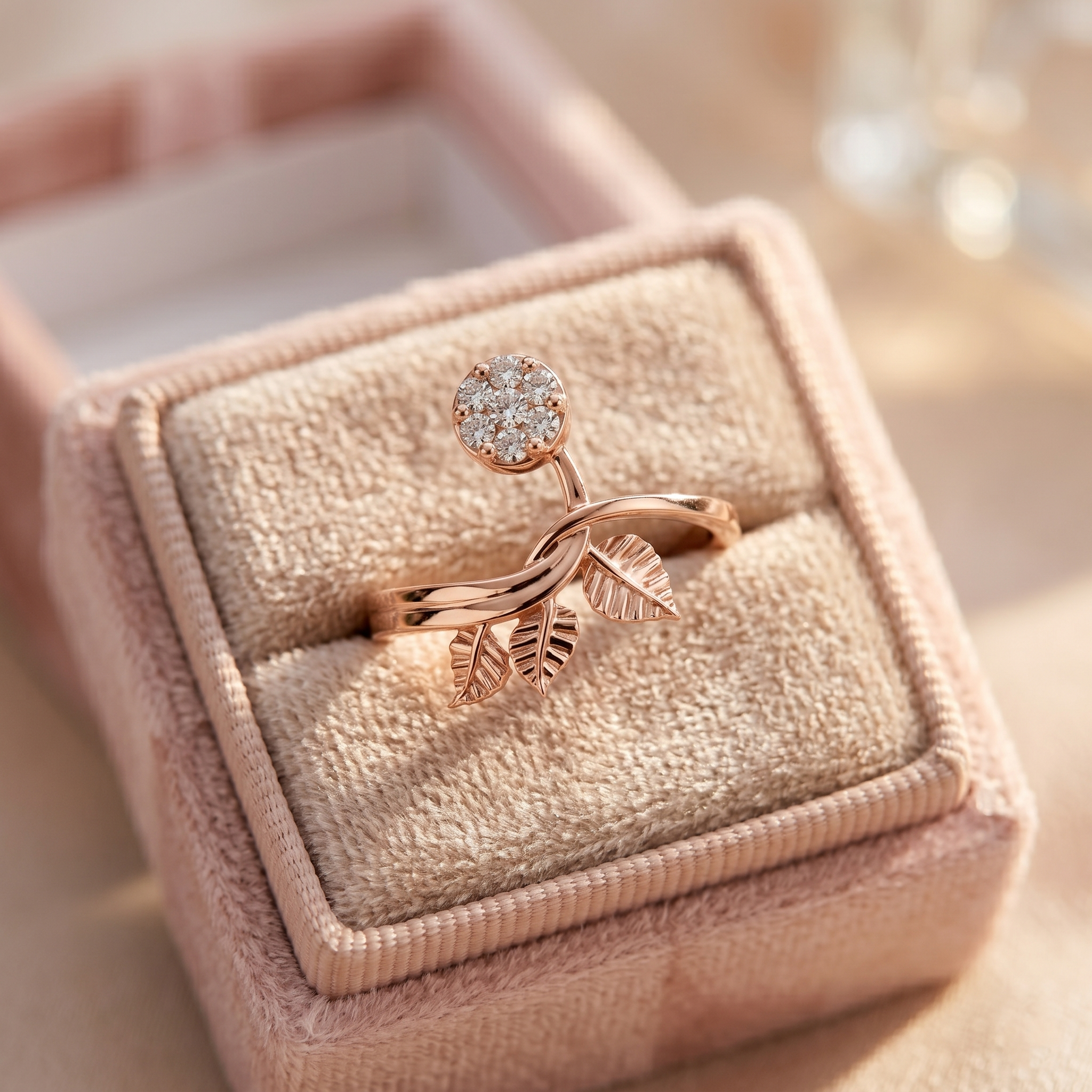 14K Solid Gold Leaf Branch Moissanite Ring, Nature Inspired Botanical Engagement Floral Ring