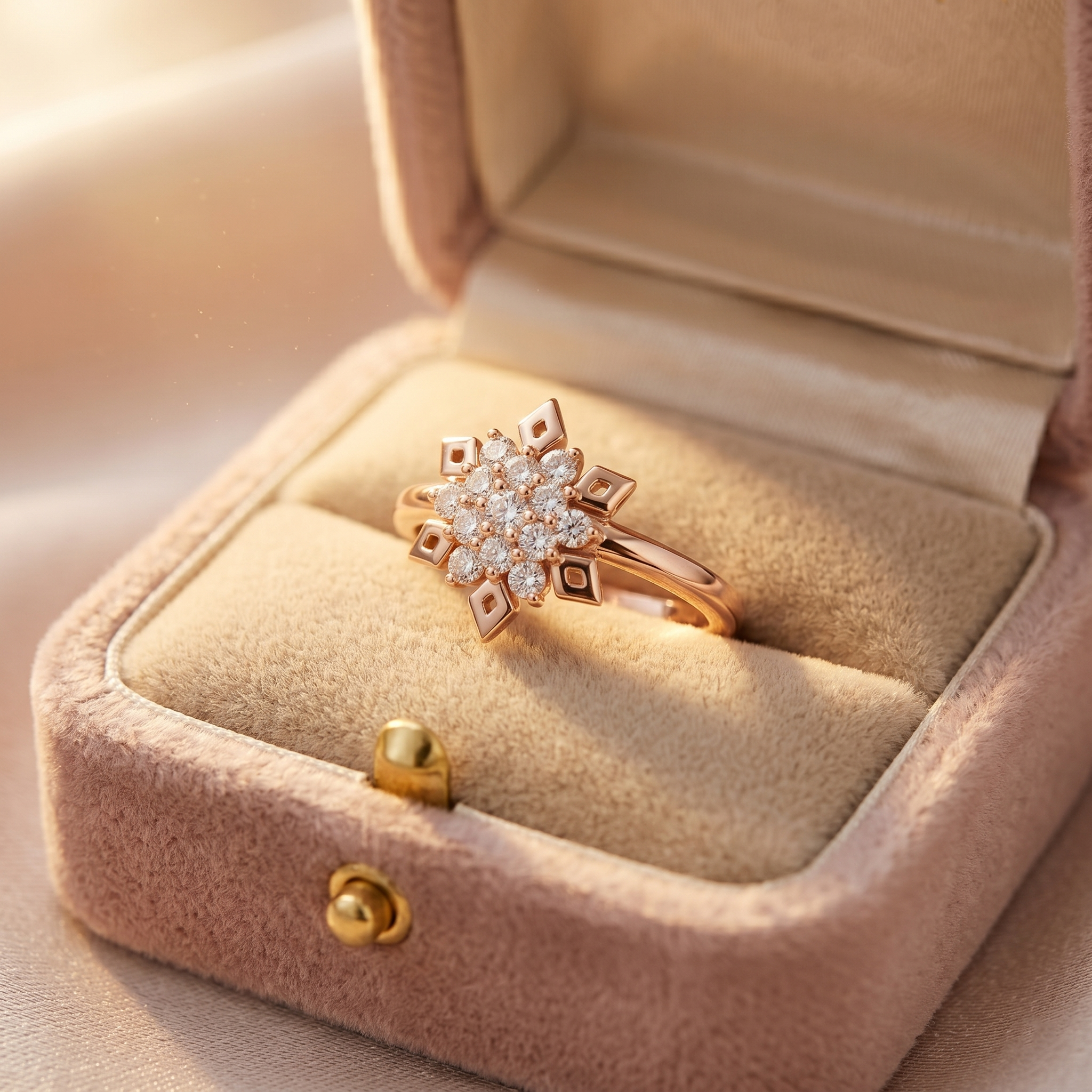 Vintage Moissanite Snowflake Ring, 14k Rose Gold Floral Starburst Engagement Wedding Band