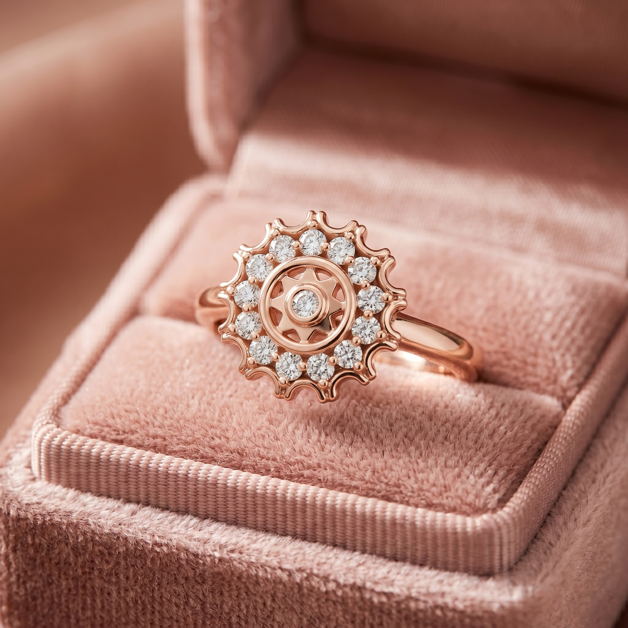 14K Solid Gold Moissanite Sunburst Ring, Vintage Celestial Gear Scalloped Halo Flower