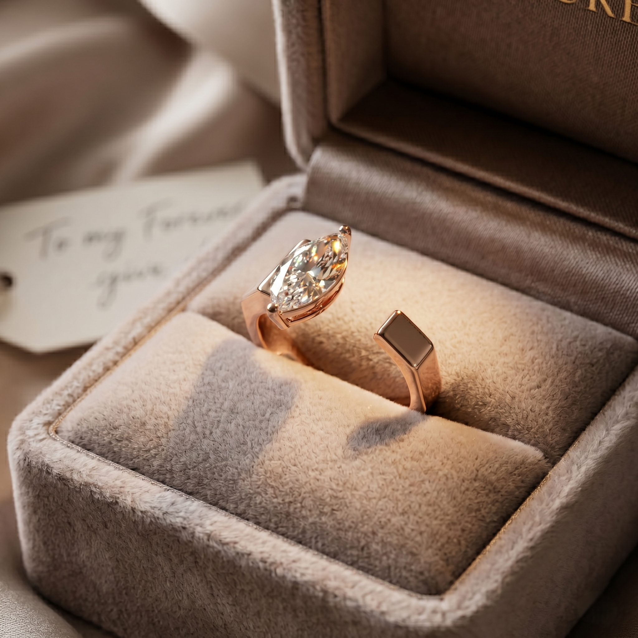 Men's Open Band Marquise Moissanite Ring, Rose Gold Sterling Silver, Modern Minimalist Groom Ring