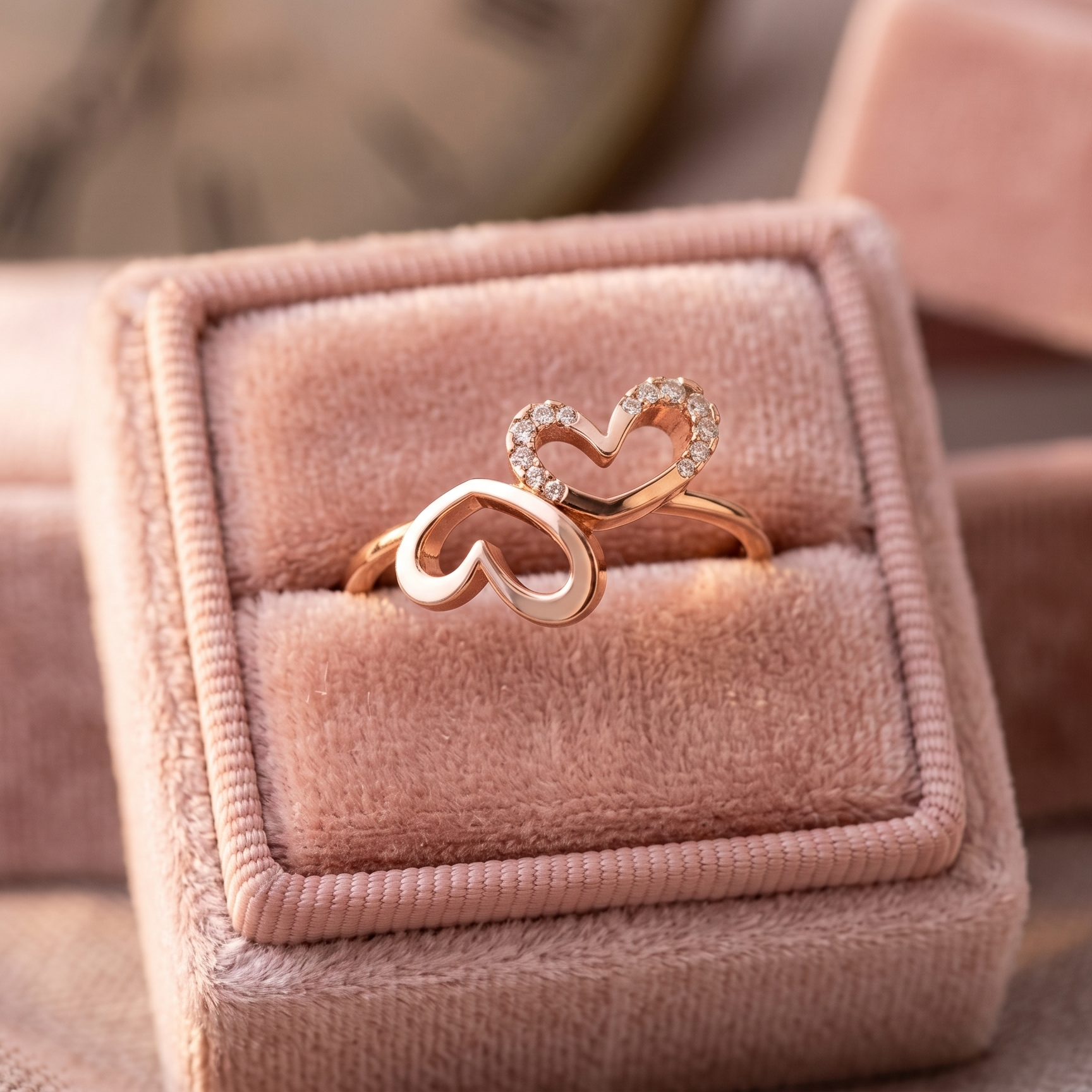 Interlocking Double Heart Moissanite Ring, 14K Solid Rose Gold, Dainty Wedding Promise Ring