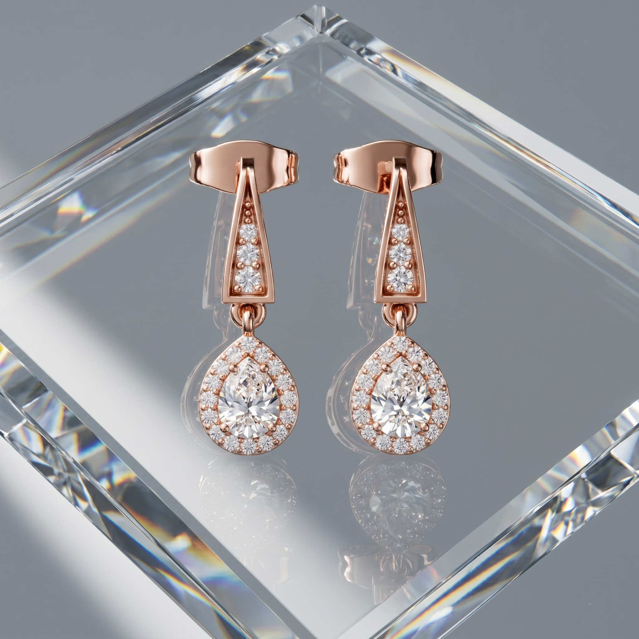 Tear Drop Moissanite Bridal Earrings, Art Deco Geometric Dangle Halo Wedding
