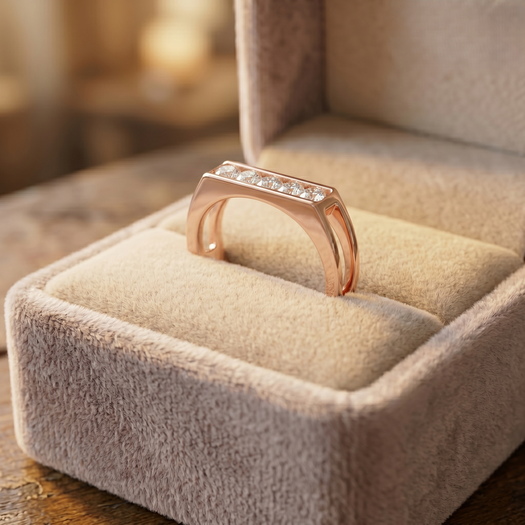 Men's Moissanite Wedding Band, Sterling Silver Five Stone Ring, Rose Gold Finish