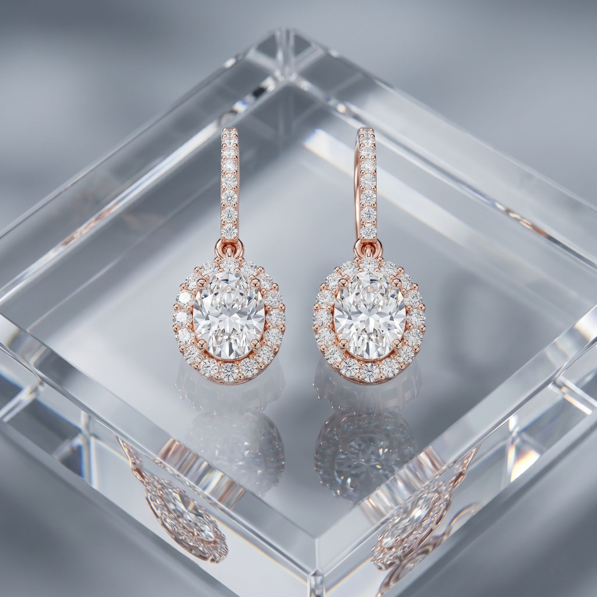 Oval Cut Moissanite Hanging Dangle Earrings, Rose Gold Vermeil, Sterling Silver Bridal halo Jewelry