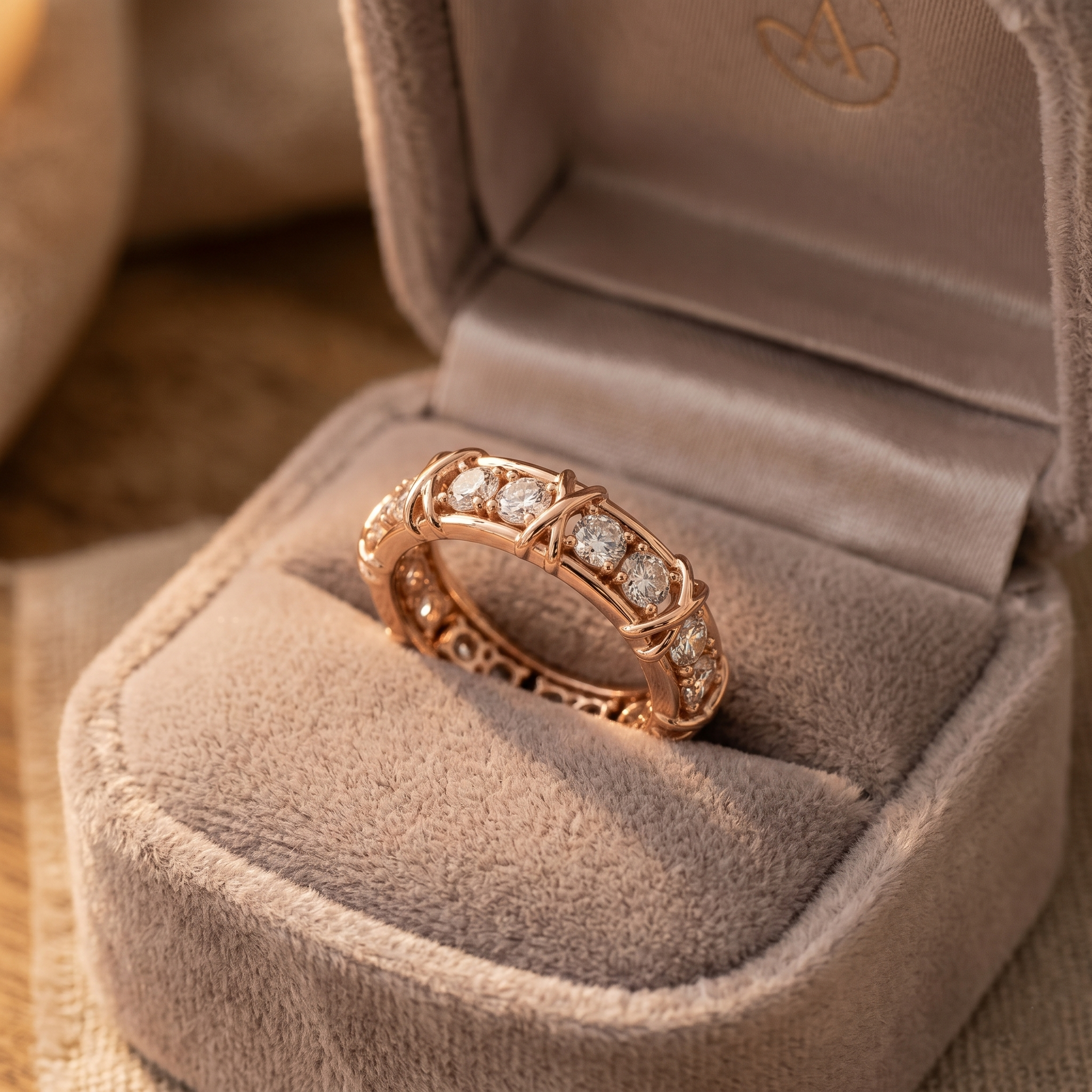 Sterling Silver Moissanite Cross Band Ring, Rose Gold Finish Eternity Wedding Band