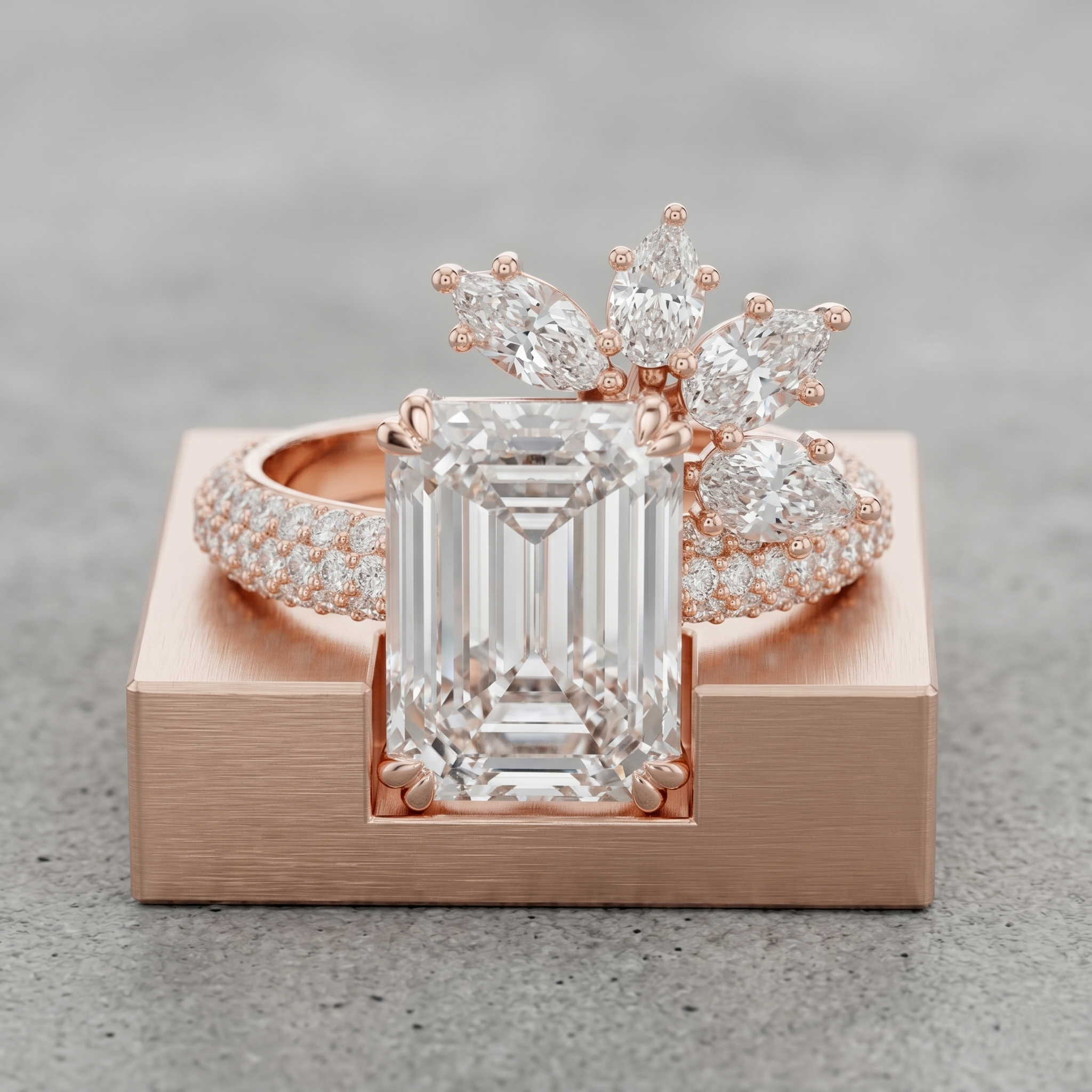 Emerald Cut Moissanite Ring in 925 Sterling Silver, Statement Marquise Cluster Unique Floral Crown Pave Band Wedding Ring Gifts for Her