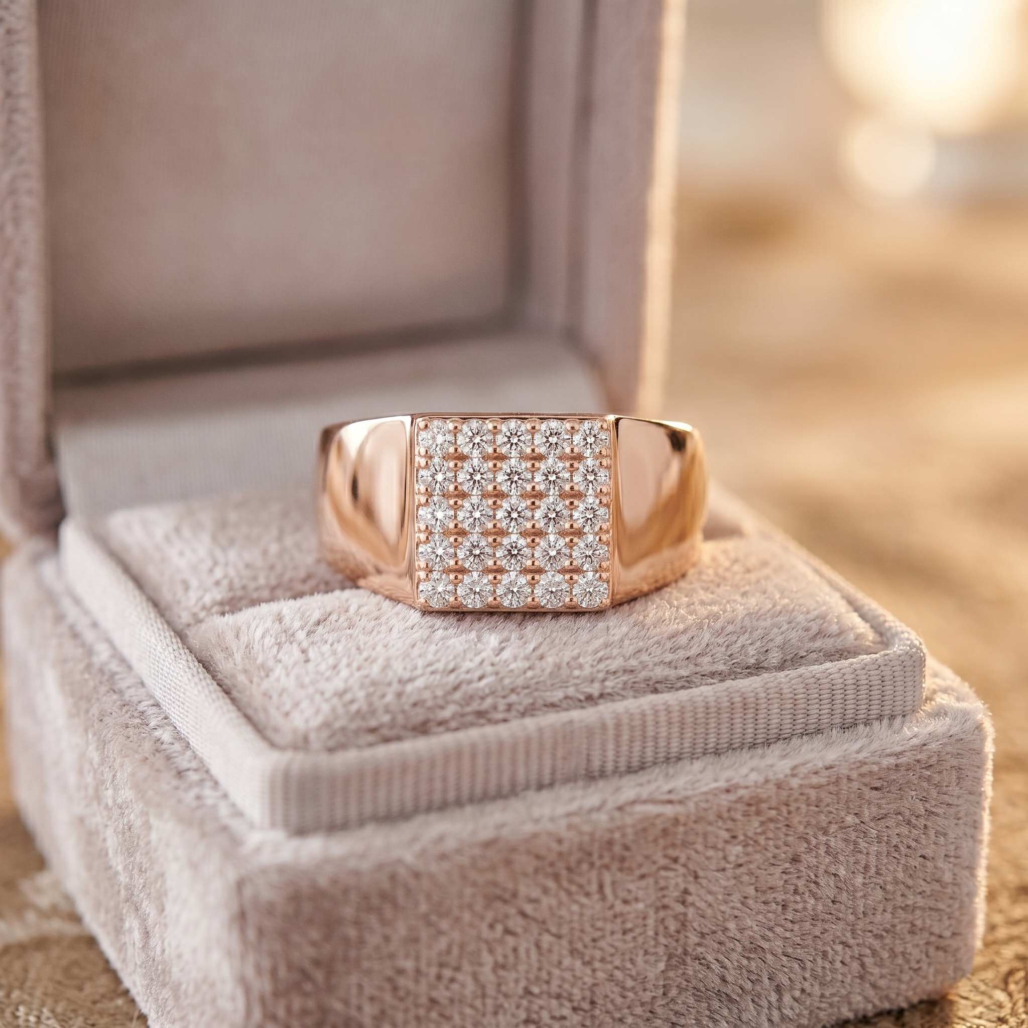 Men's Moissanite Signet Ring, Rose Gold Vermeil Sterling Silver Cluster Engagement Promise Anniversary Ring