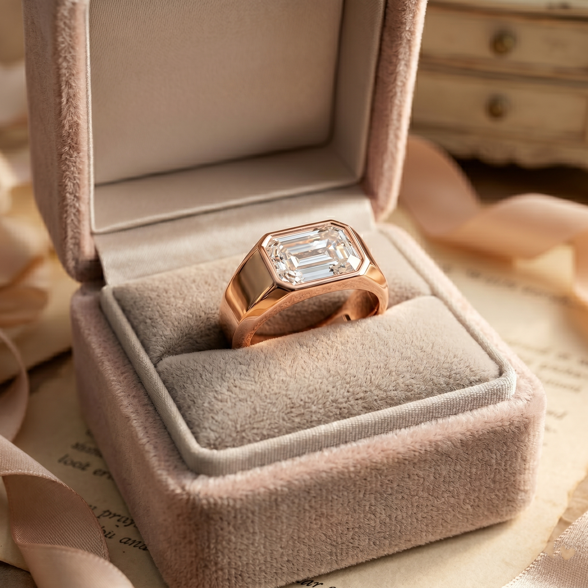Emerald Cut Moissanite Men's Signet Ring, 925 Sterling Silver Rose Gold Statement Anniversary Gift