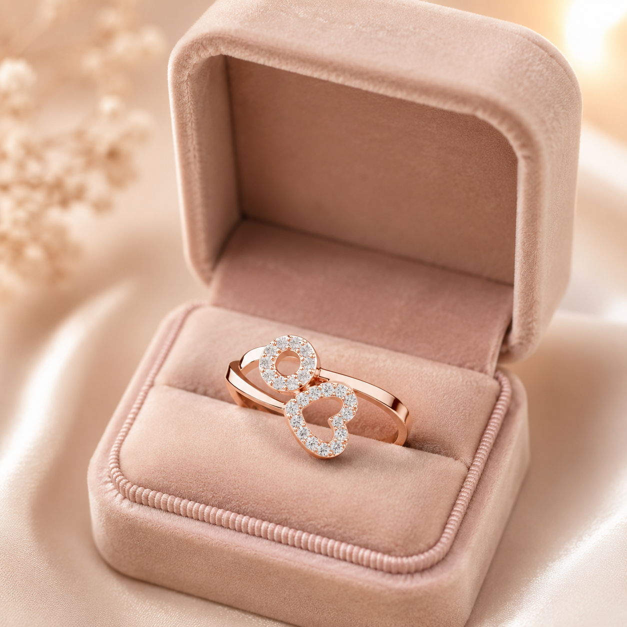 14K Solid Gold Heart Circle Moissanite Ring, Pave Cluster Wedding Band, Delicate Jewelry