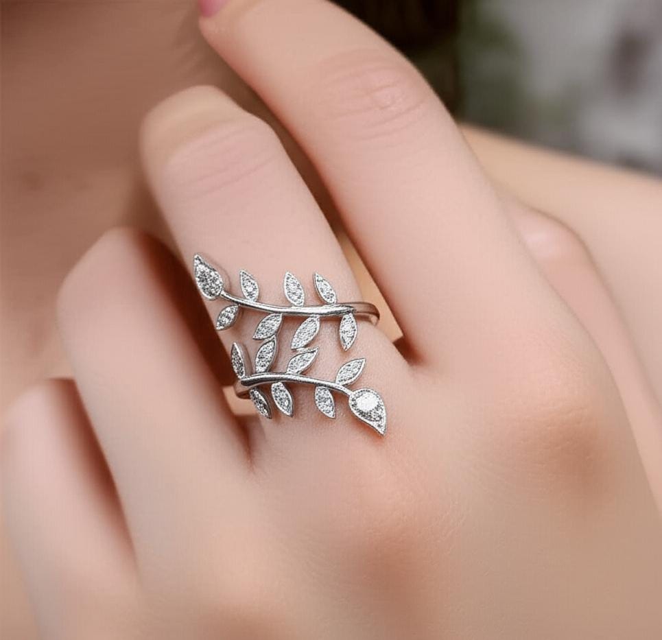 Leaf Diamond Ring 925 Sterling Silver Nature Inspired Foliage Anniversary Band Delicate Olive Leaf Vine Ring Unique Botanical Gift For Women