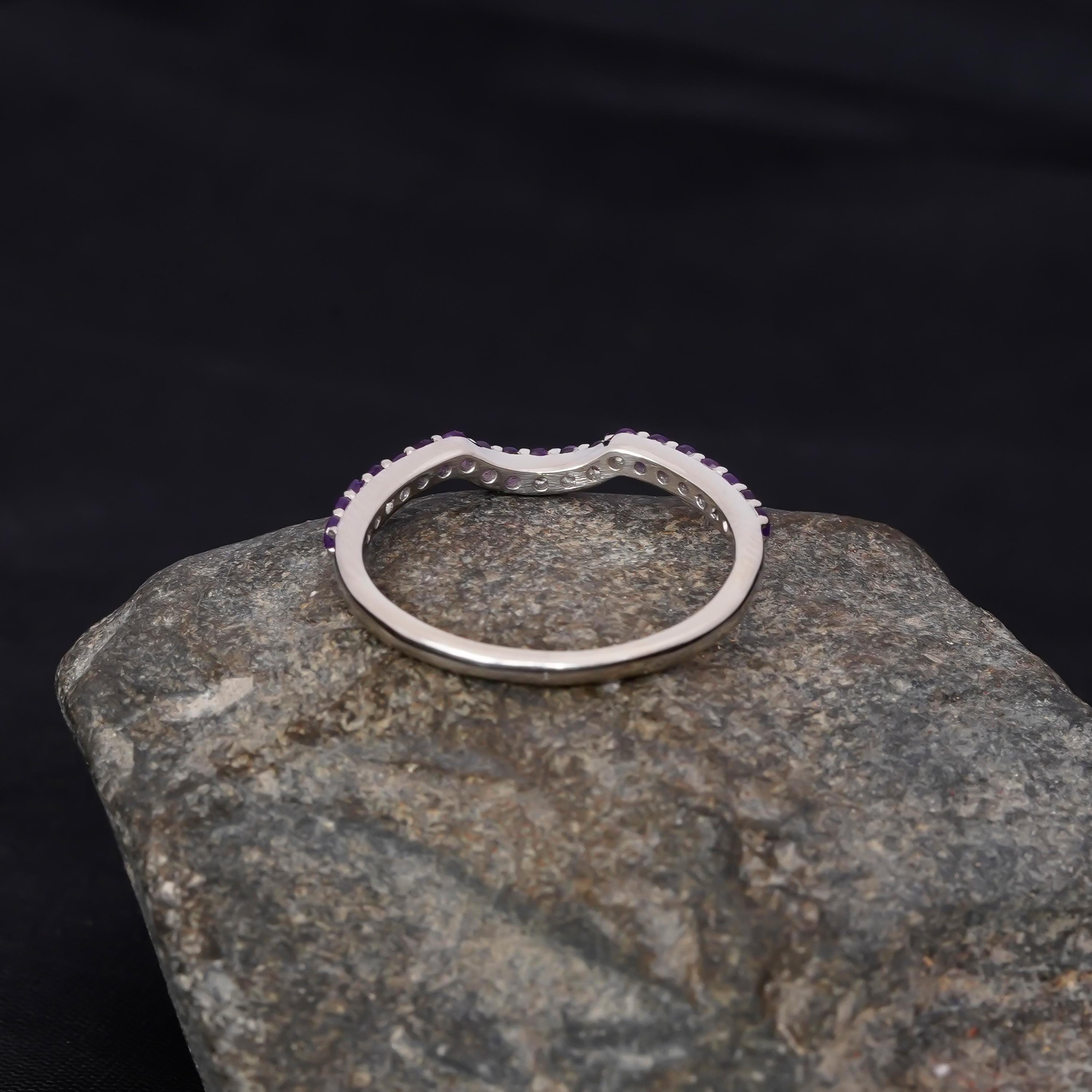 Amethyst Wedding Band For Women 925 Sterling Silver Curved Stackable Round Purple Amethyst Bridal Matching Anniversary Gift U Dainty Band
