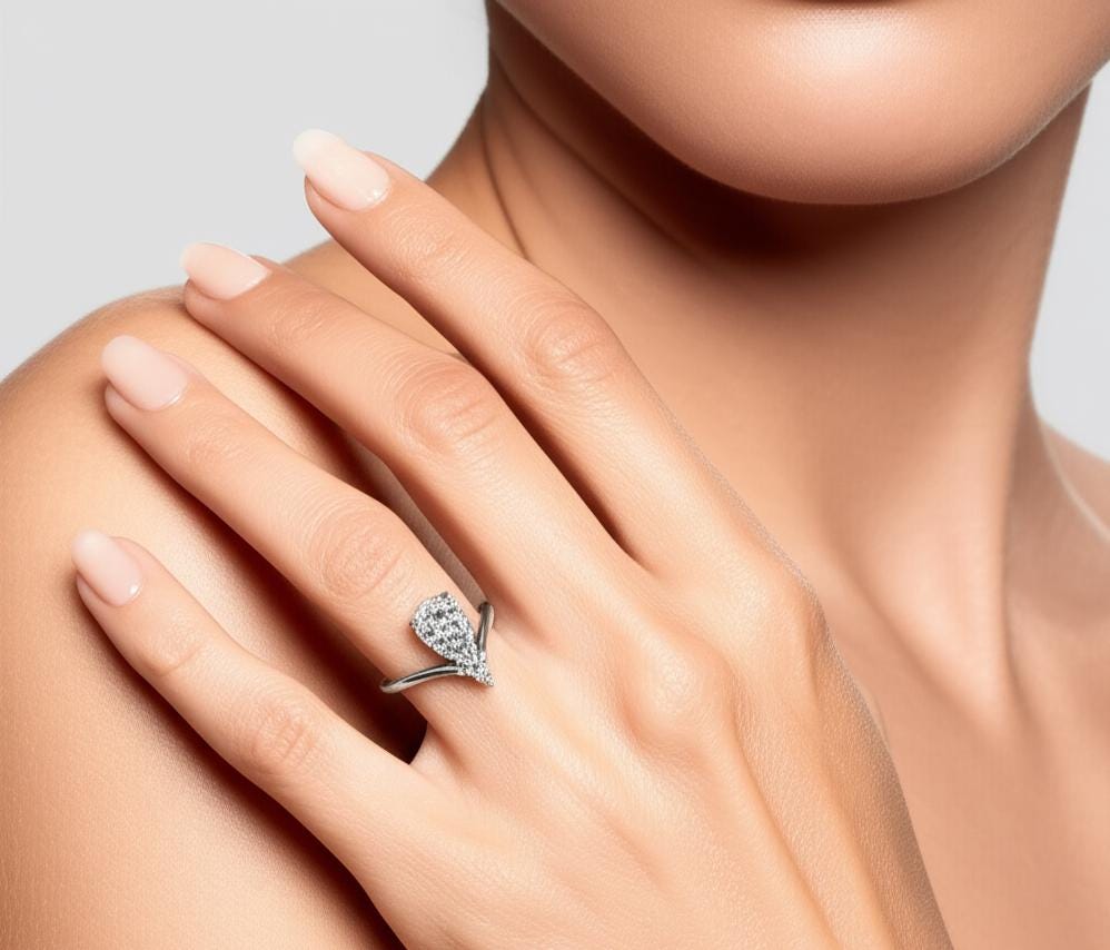 Pear Moissanite Engagement Ring Unique Trendy V Shaped Teardrop Shape Moissanite Vertical Dainty Prong Set Curved Wedding Ring For Women