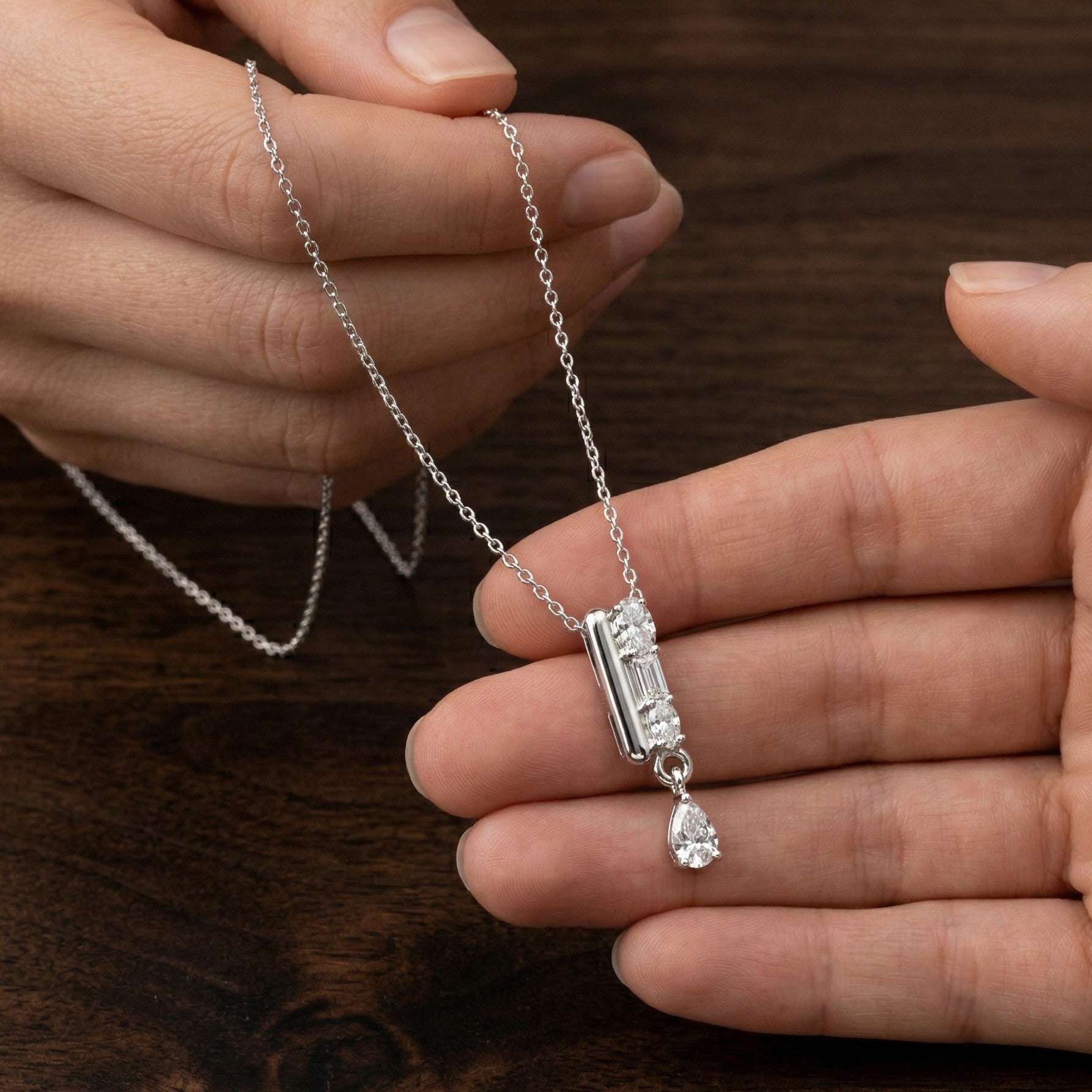 Sterling Silver Moissanite Necklace, Pear Baguette Cut, Geometric Drop Pendant