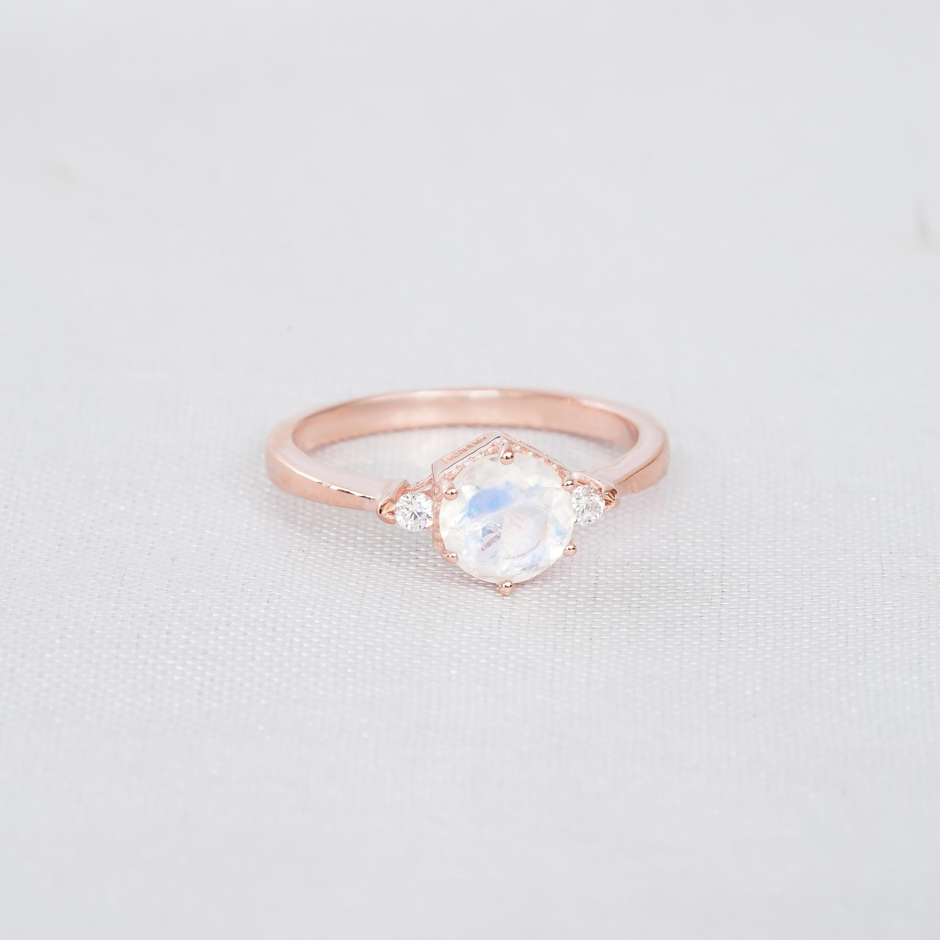 Moonstone Engagement Ring For Women 925 Sterling Silver 6 Prong Halo Moissanite Wedding Ring Anniversary Gift Three Stone Minimalist Ring