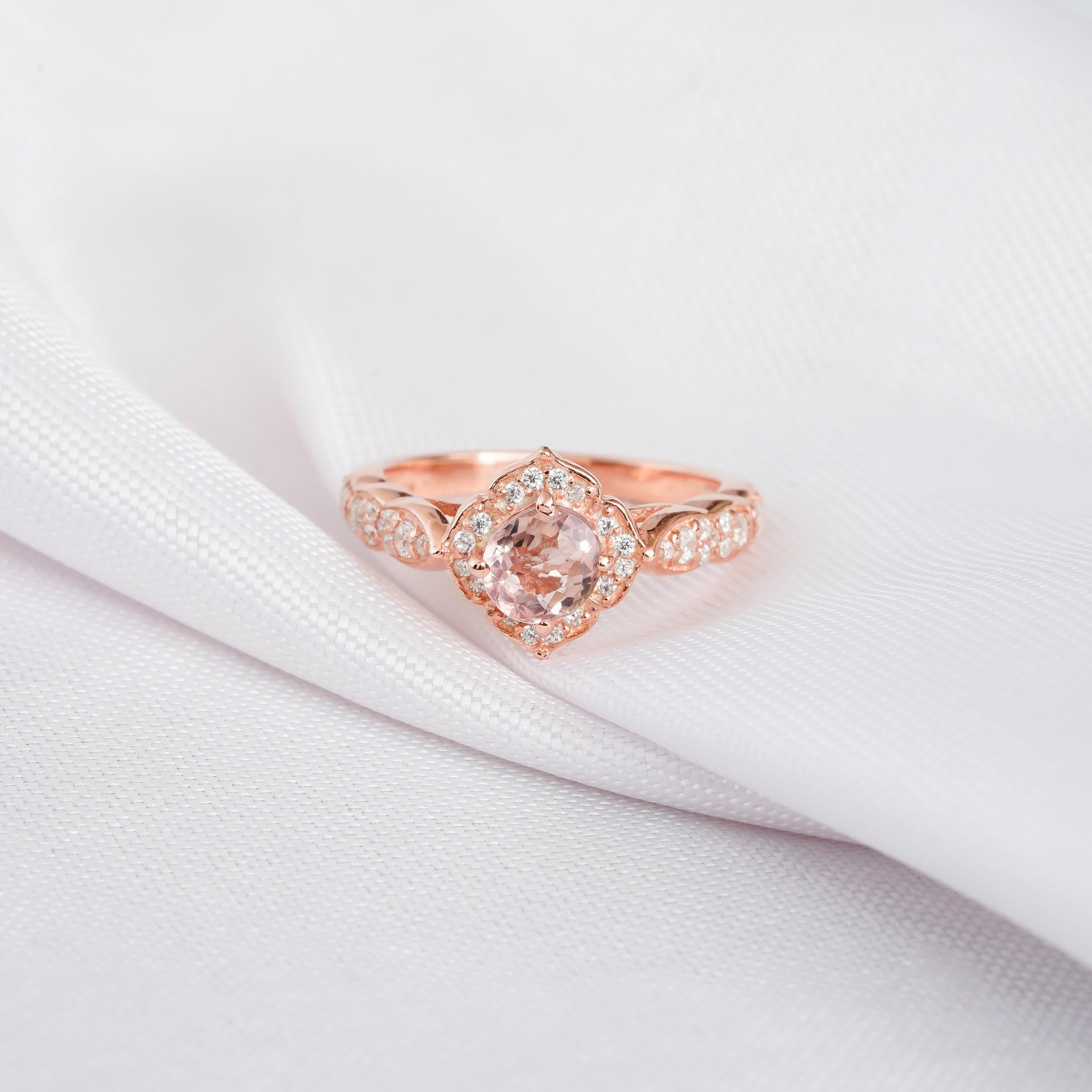 Morganite Engagement Ring Set Matching Moissanite Chevron Wedding Band For Women Round Solitaire Floral Halo Art Deco Bridal Promise Ring