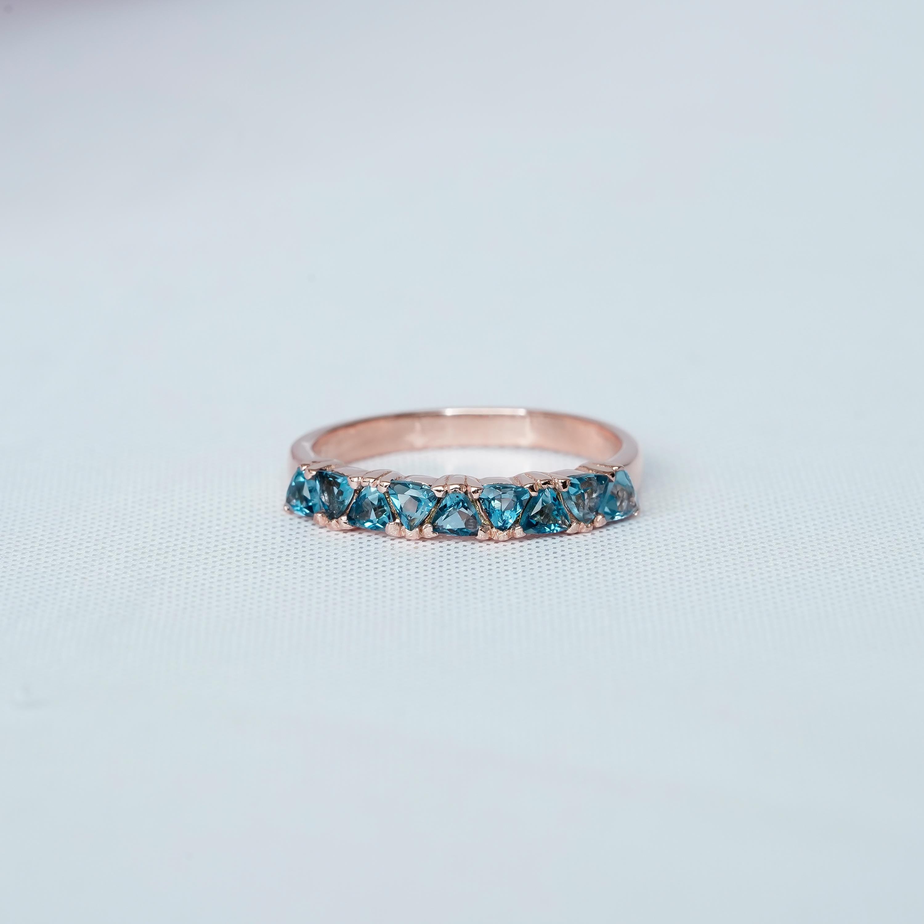 Blue Topaz Wedding Band For Women 925 Sterling Silver Trilliant Cut Topaz Stackable Half Eternity Matching Anniversary Gift Dainty Ring Band