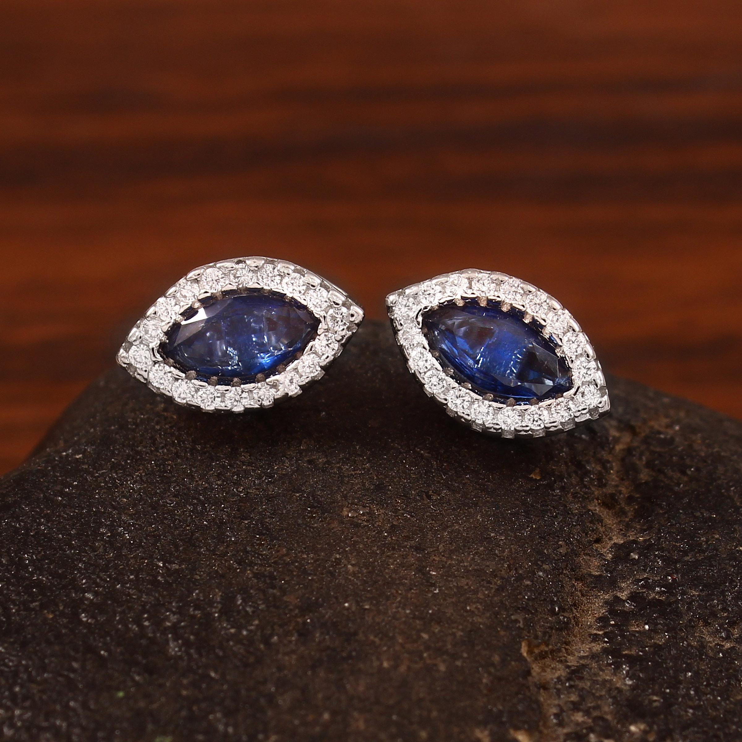 Blue Sapphire Stud Earrings 925 Sterling Silver Marquise Halo Art Deco Wedding Anniversary Jewelry Pushback Dainty Vintage Earrings For Her