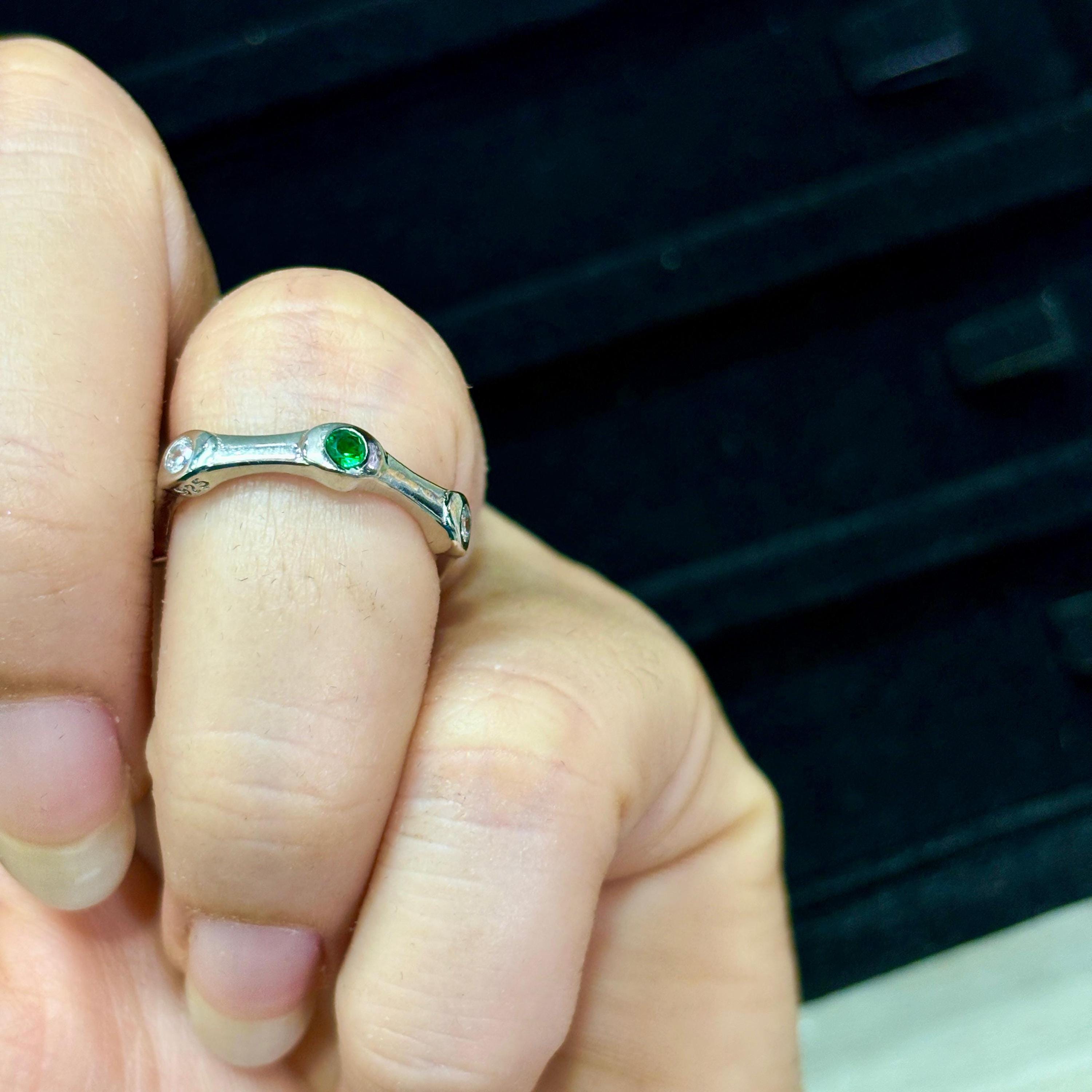 Moissanite Wedding Band With Emerald Bezel Set Art Deco Eternity Band Bubble Stacking Dainty Branch Shape Silver Promise Ring For Her