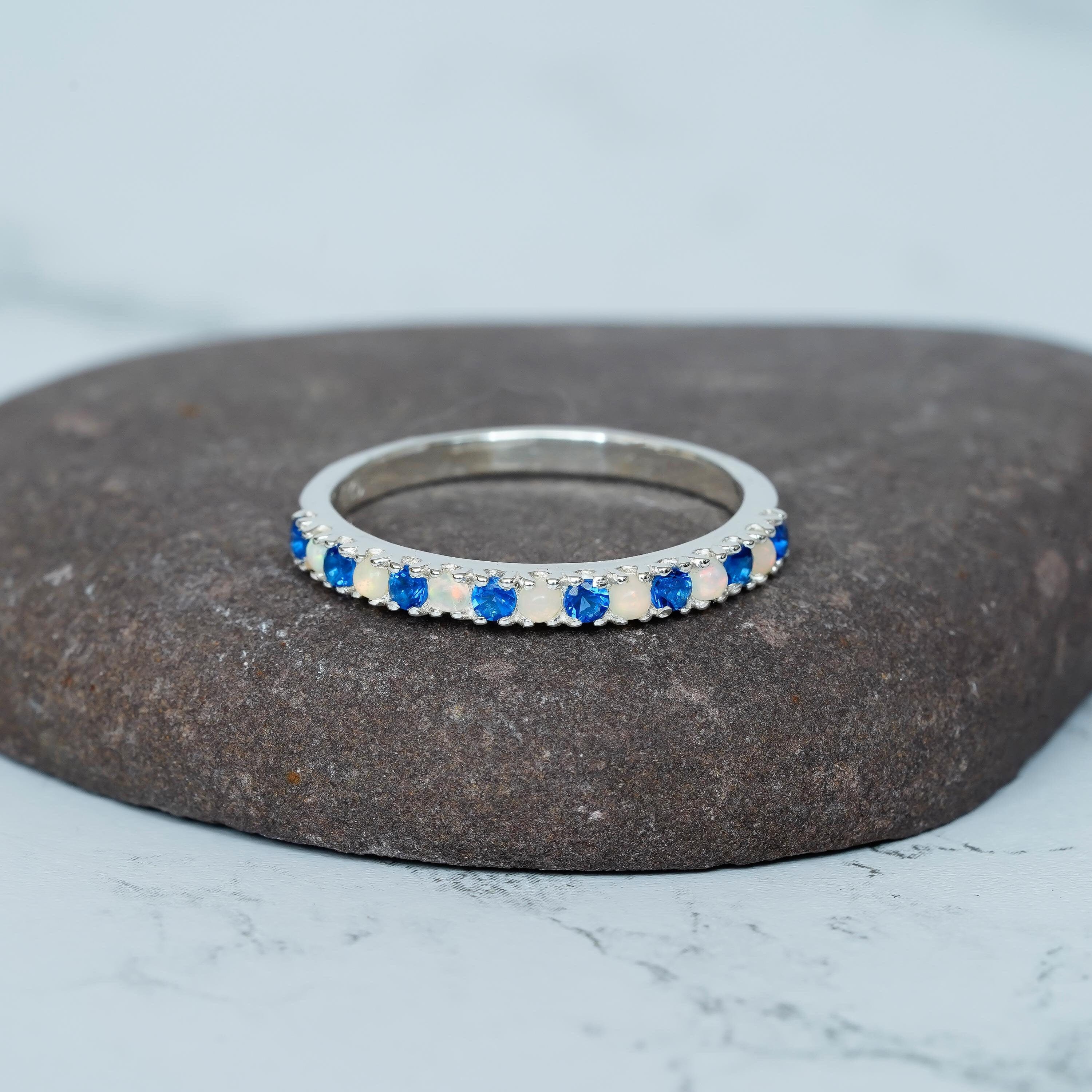 Blue Topaz and Opal Eternity Band For Women 925 Sterling Silver Stackable Round Cut Fire Opal Bridal Matching Anniversary Gift Dainty Band