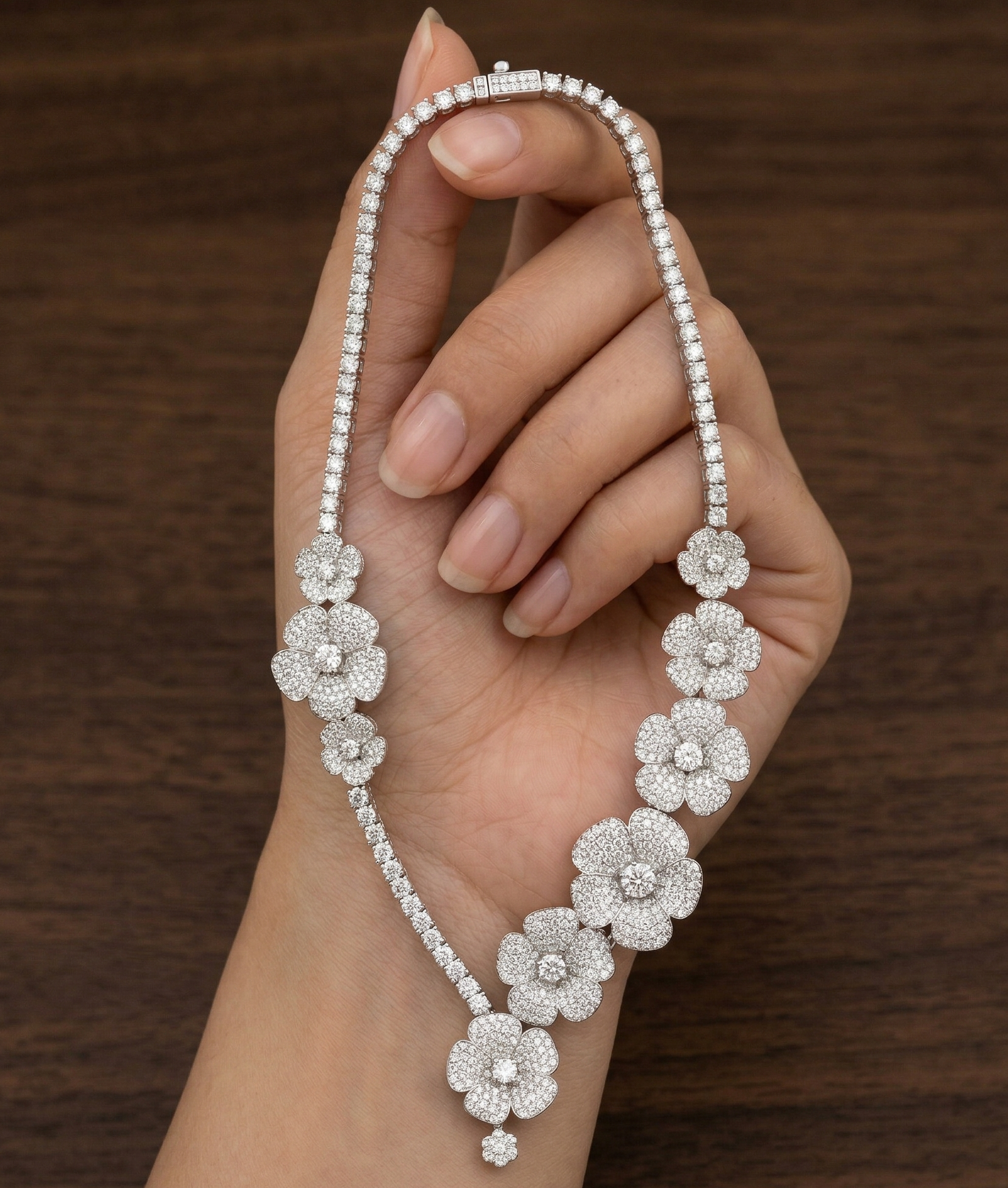 Dainty Flower Moissanite Necklace, Sterling Silver Blossom Bridal Statement Asymmetric Minimalist Layering Necklace