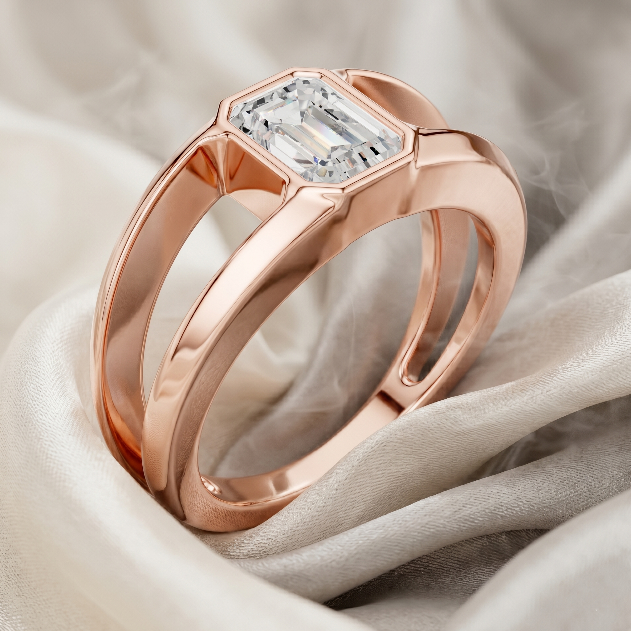 Emerald Cut Moissanite Men's Ring, Split Shank 925 Sterling Silver, Bezel Set Wedding Band